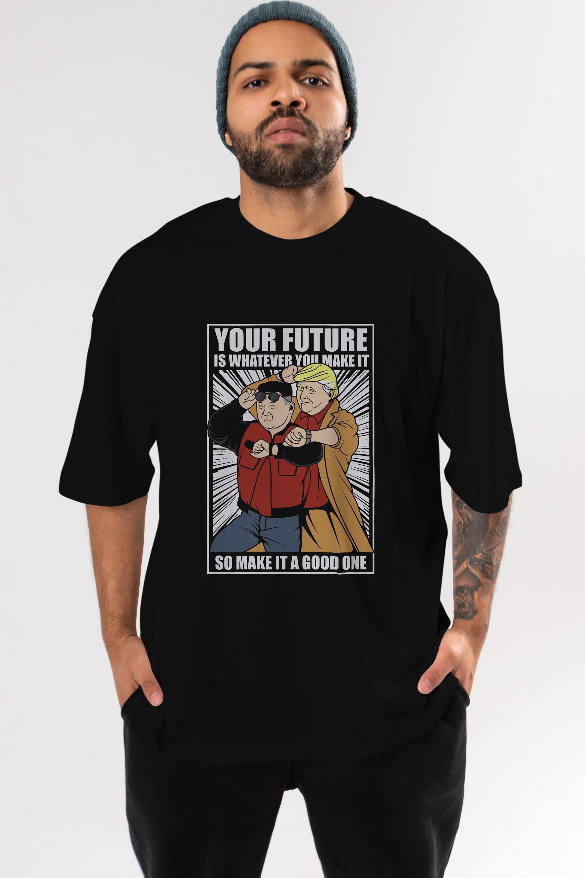 Back To The Future Jong Un Trump Ön Baskılı Oversize t-shirt Erkek Kadın Unisex %100 Pamuk tişort