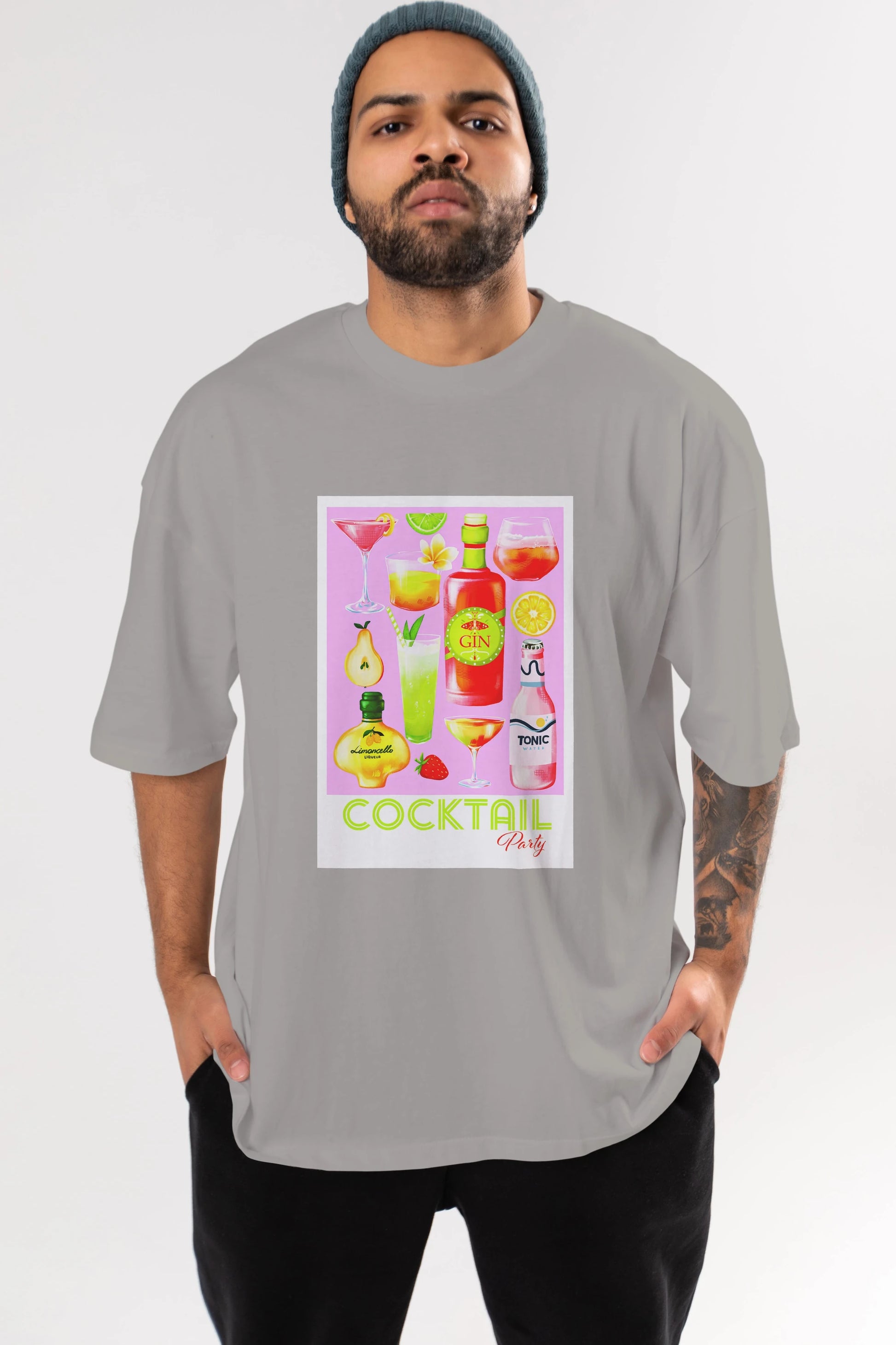 Cocktail Party Ön Baskılı Oversize t-shirt Erkek Kadın Unisex %100 Pamuk Bisiklet Yaka tişort