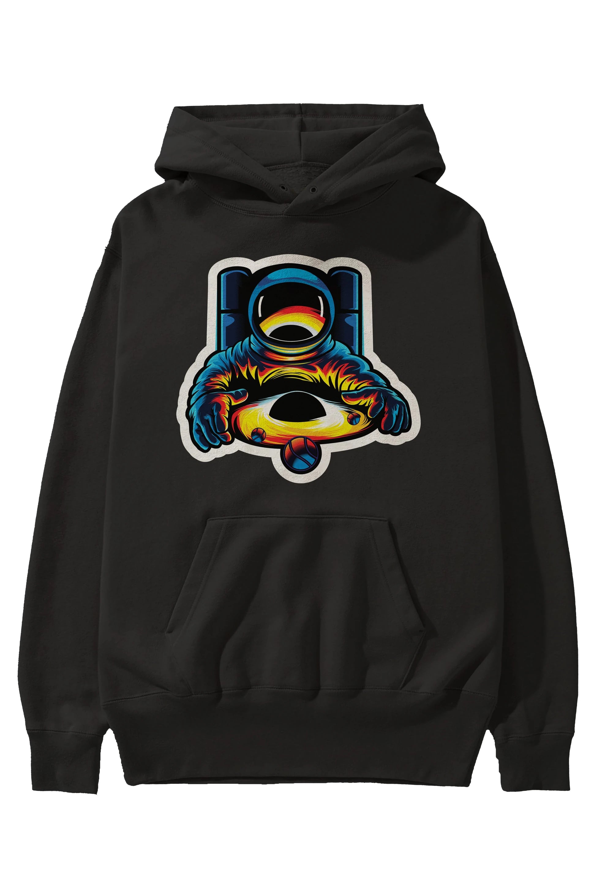 Astronaut & Black Hole Sticker Ön Baskılı Hoodie Oversize Kapüşonlu Sweatshirt Erkek Kadın Unisex
