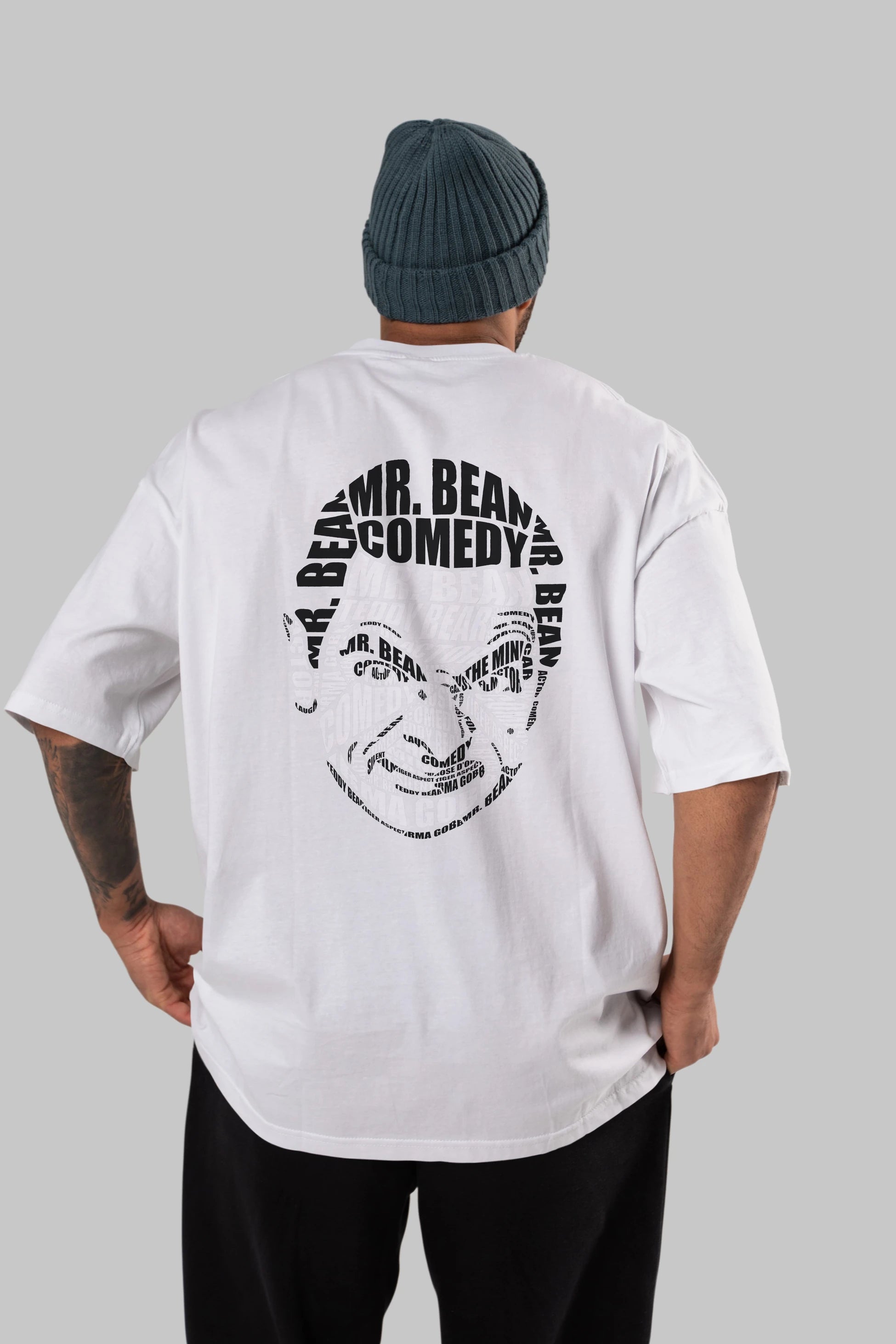 Mr Bean Calligram Arka Baskılı Oversize t-shirt %100 pamuk Erkek Kadın Unisex