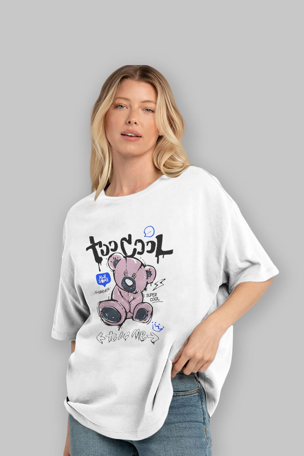 Too Cool Bear Ön Baskılı Oversize t-shirt Erkek Kadın Unisex