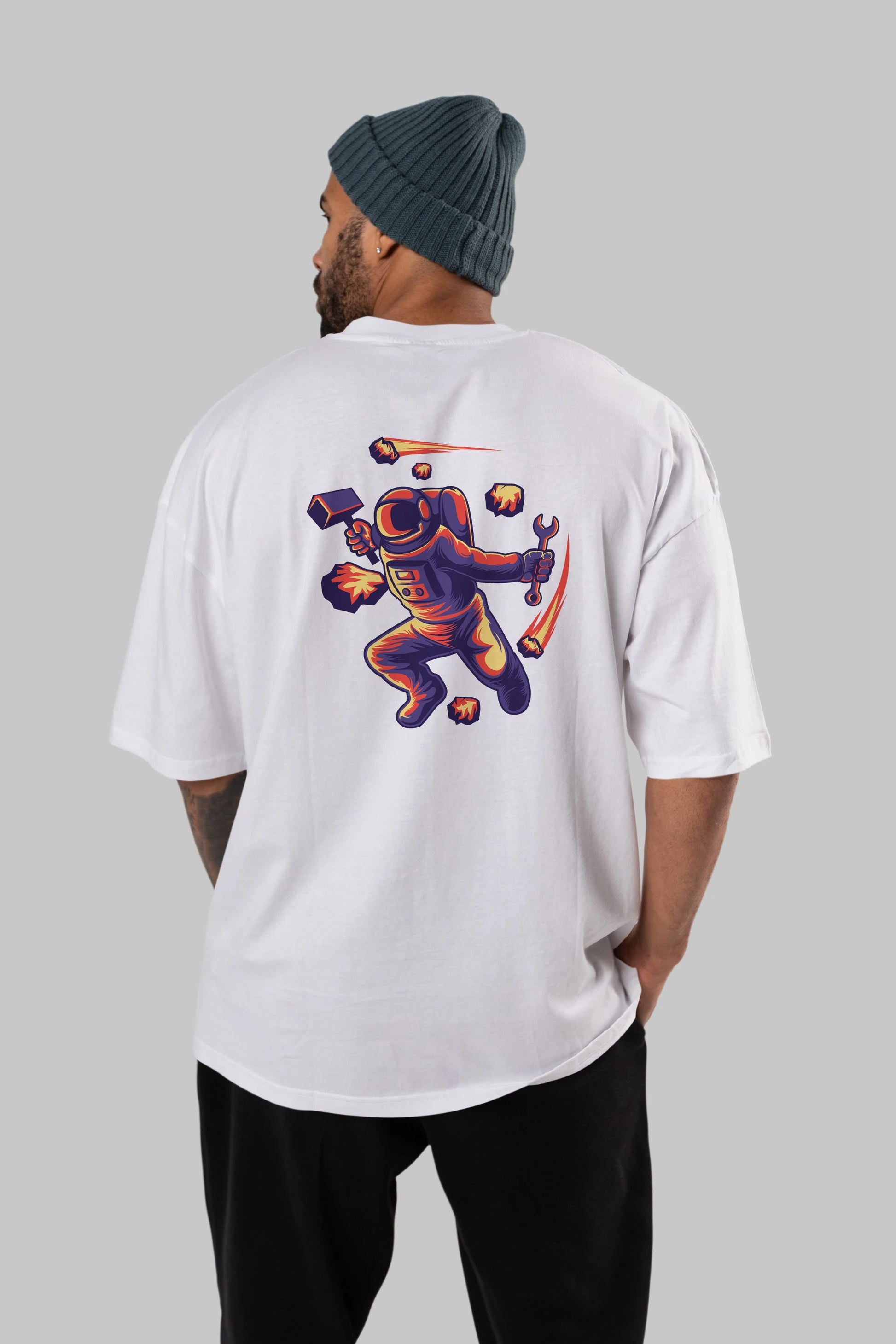 Astronaut Block Meteor Arka Baskılı Oversize t-shirt Erkek Kadın Unisex
