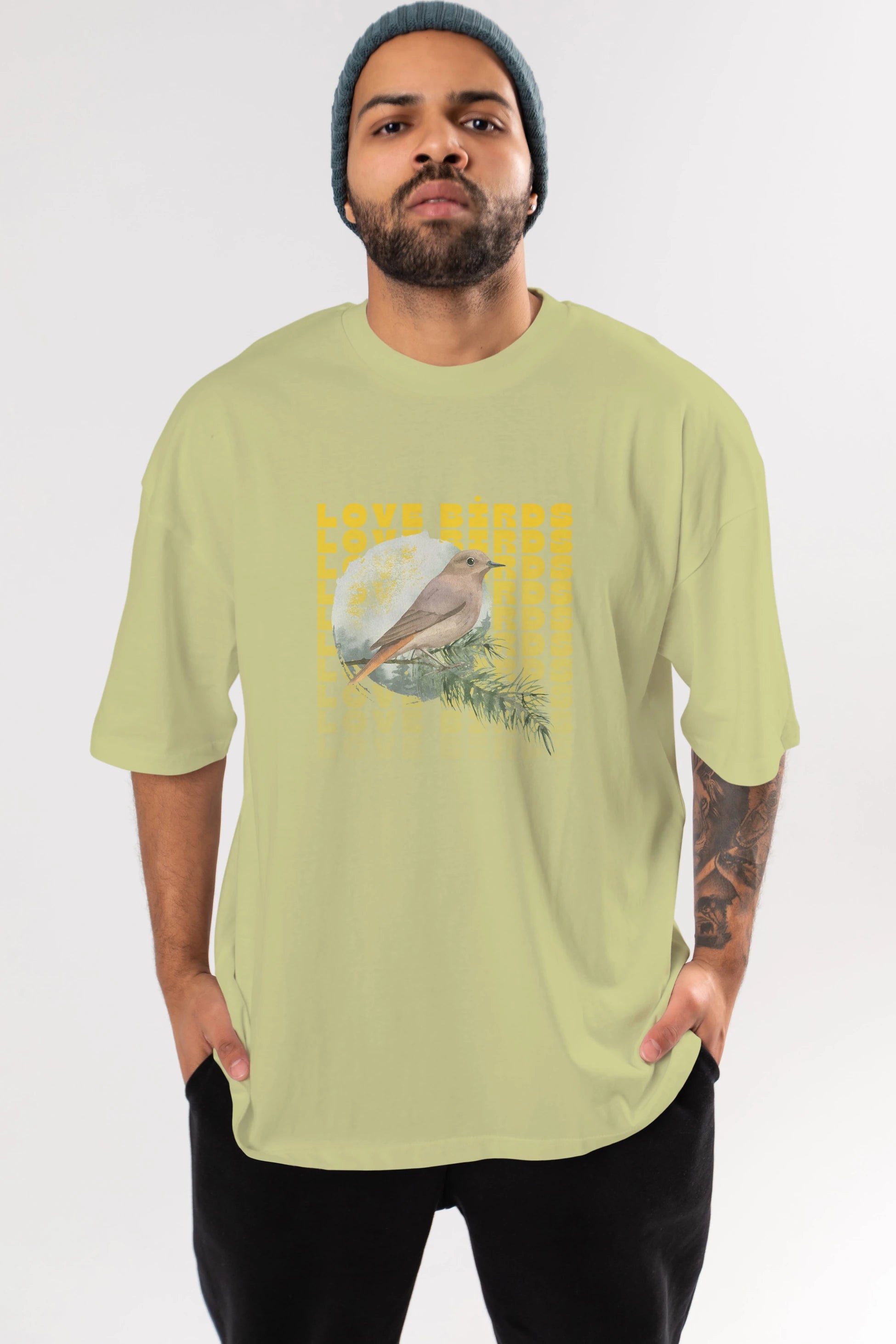 Love Birds Yazılı Ön Baskılı Oversize t-shirt Erkek Kadın Unisex
