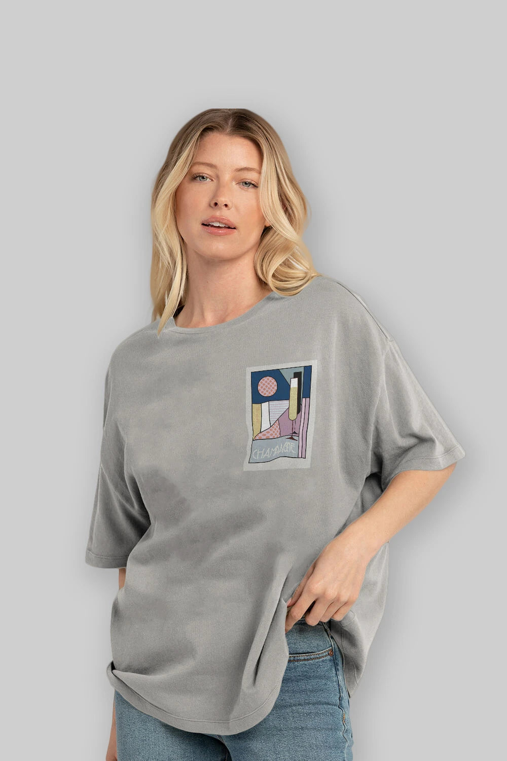 Champagne Ön Sol Baskılı Oversize t-shirt Erkek Kadın Unisex %100 Pamuk Bisiklet Yaka tişort