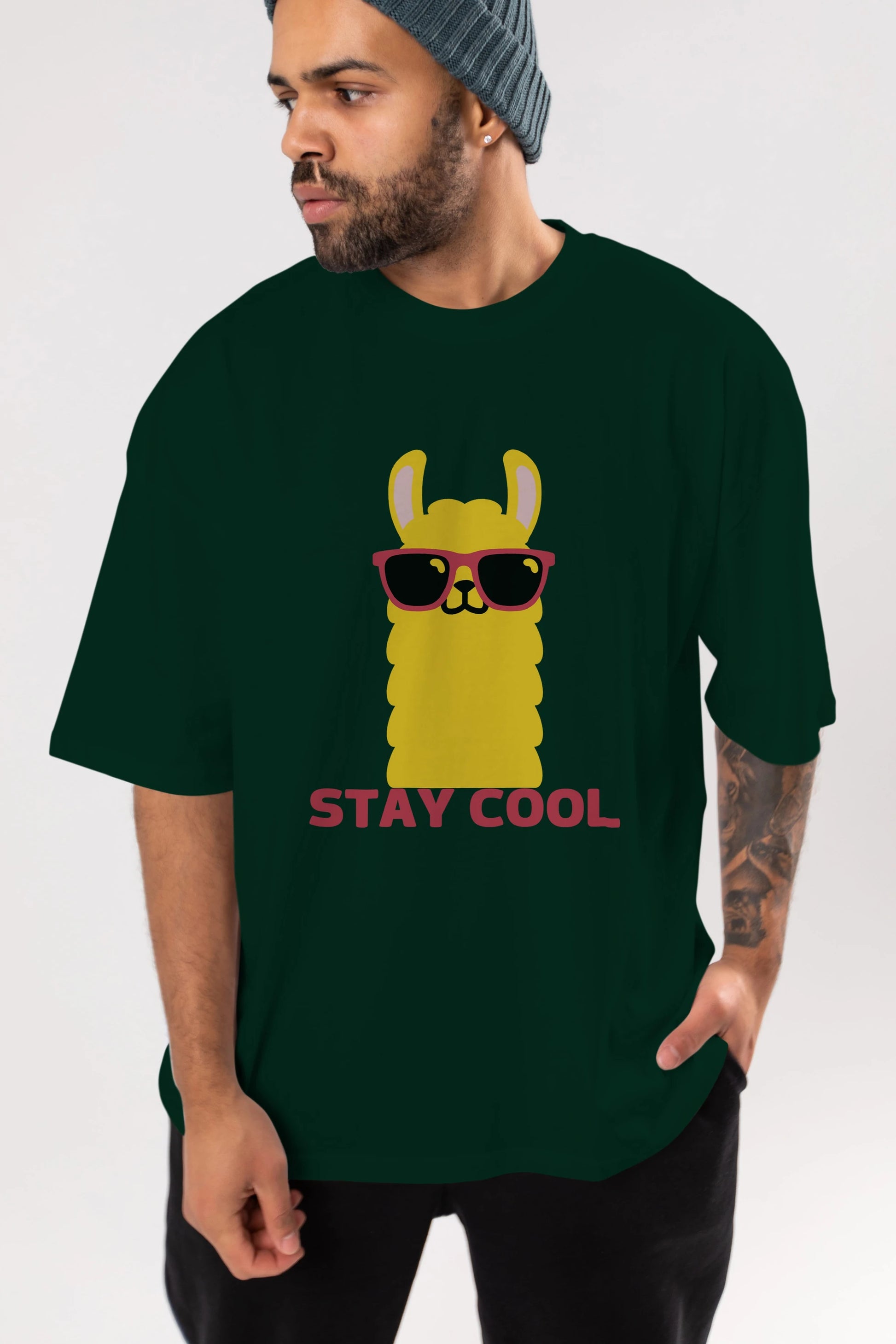 Stay Cool Yazılı Lama Ön Baskılı Oversize t-shirt Erkek Kadın Unisex