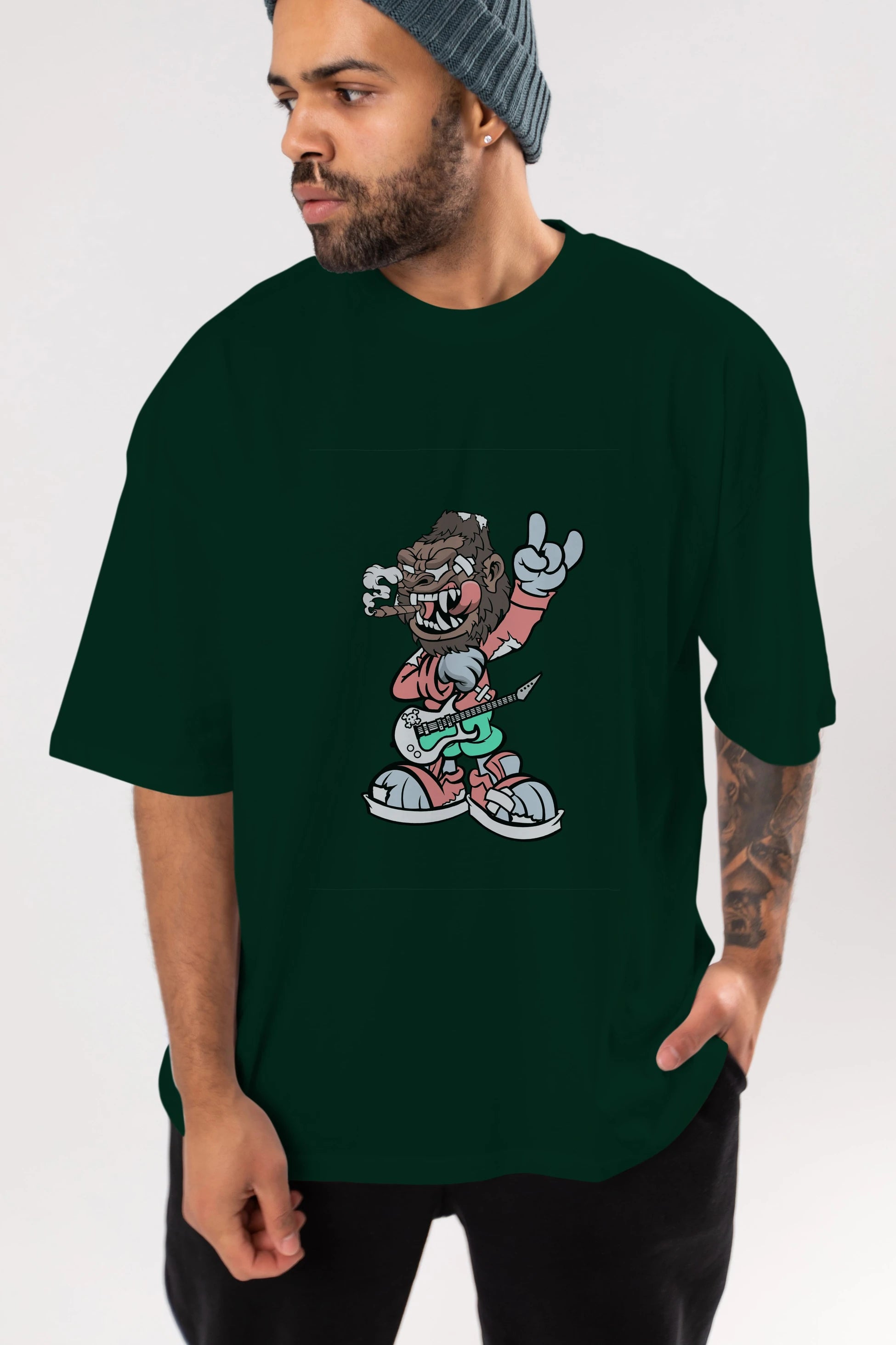 Gorilla Rockstar Ön Baskılı Oversize t-shirt Erkek Kadın Unisex %100 Pamuk tişort