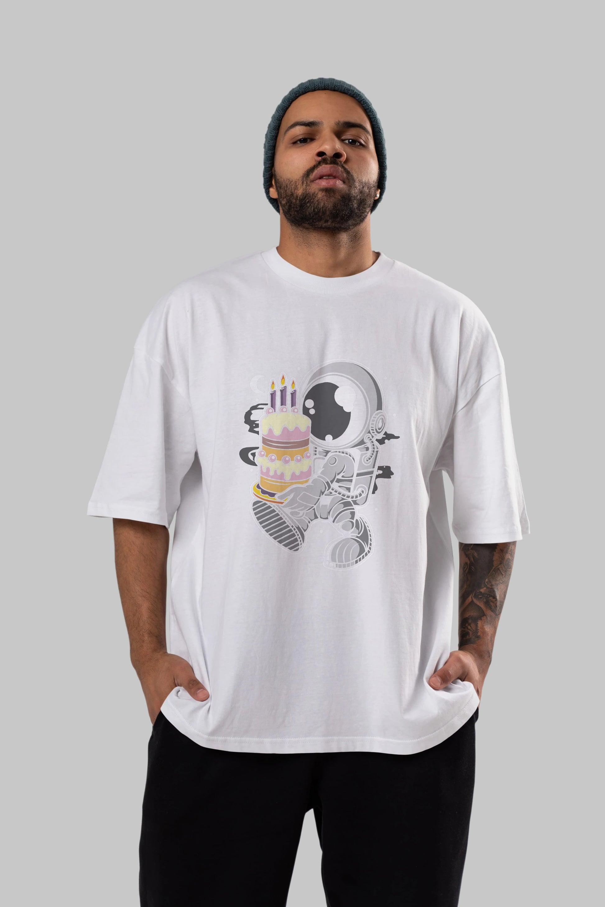 Astronaut Birthday Cake Ön Baskılı Oversize t-shirt Erkek Kadın Unisex