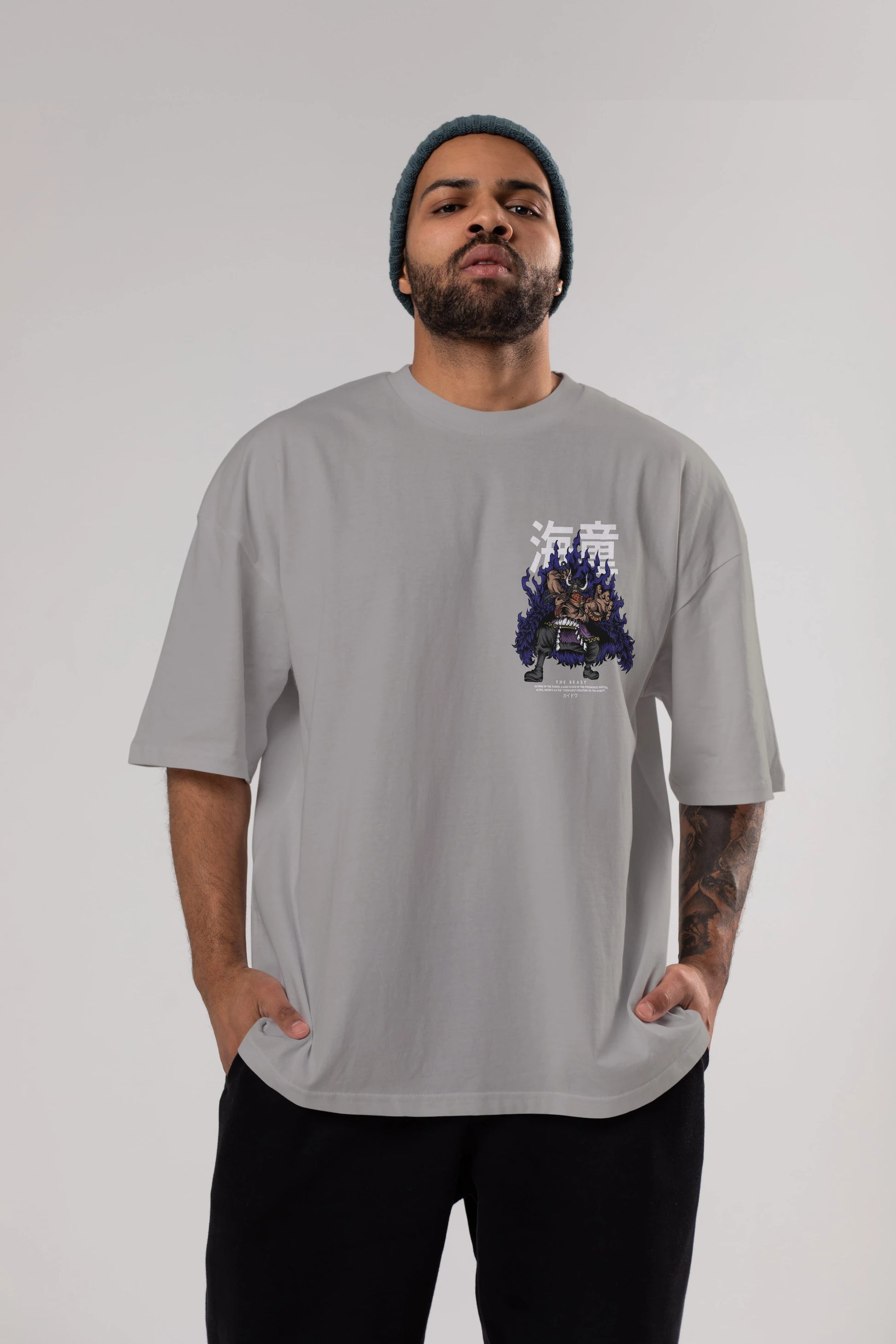 Kaido Ön Sol Baskılı Oversize t-shirt Erkek Kadın Unisex %100 Pamuk Bisiklet Yaka tişort