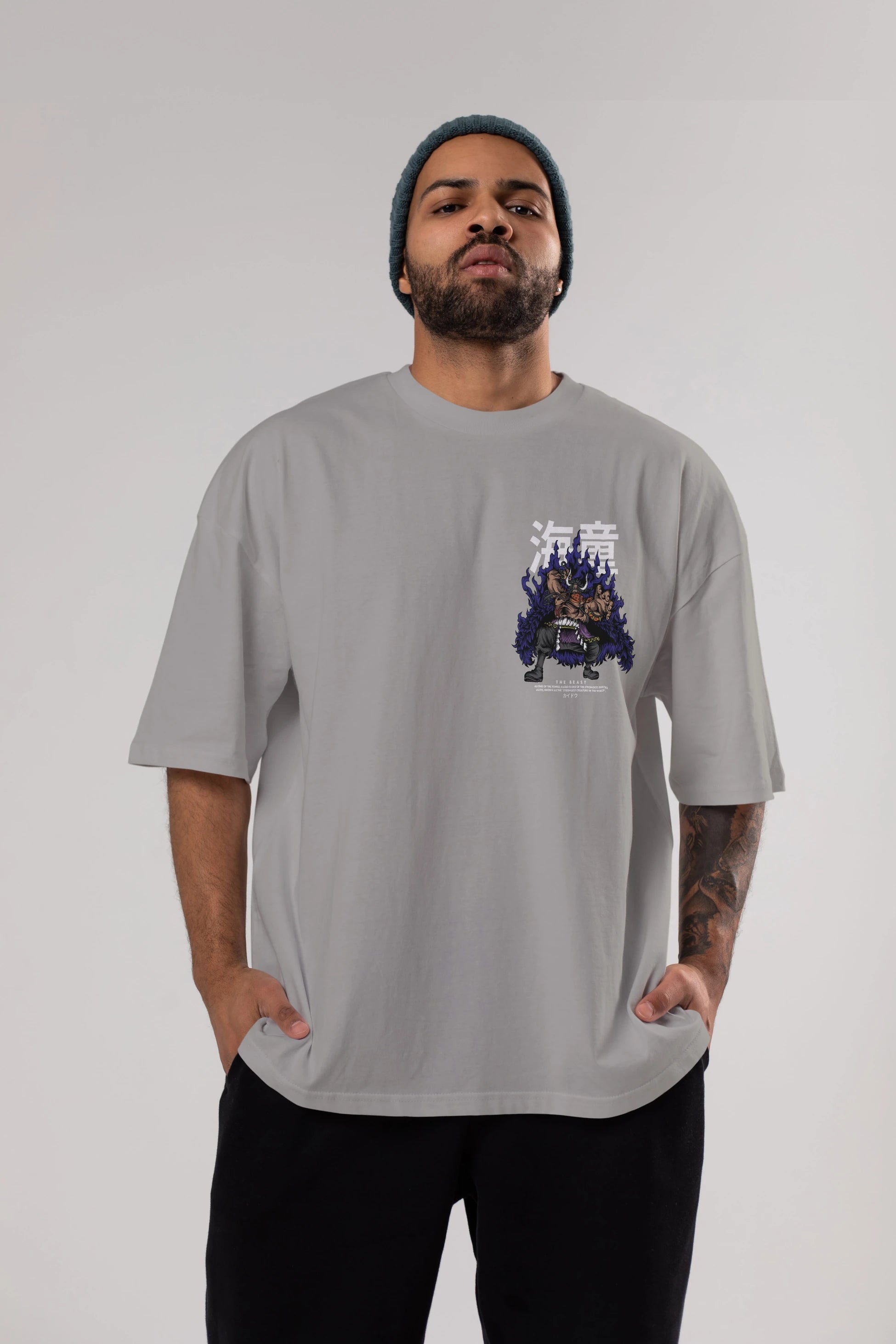 Kaido Ön Sol Baskılı Oversize t-shirt Erkek Kadın Unisex %100 Pamuk Bisiklet Yaka tişort