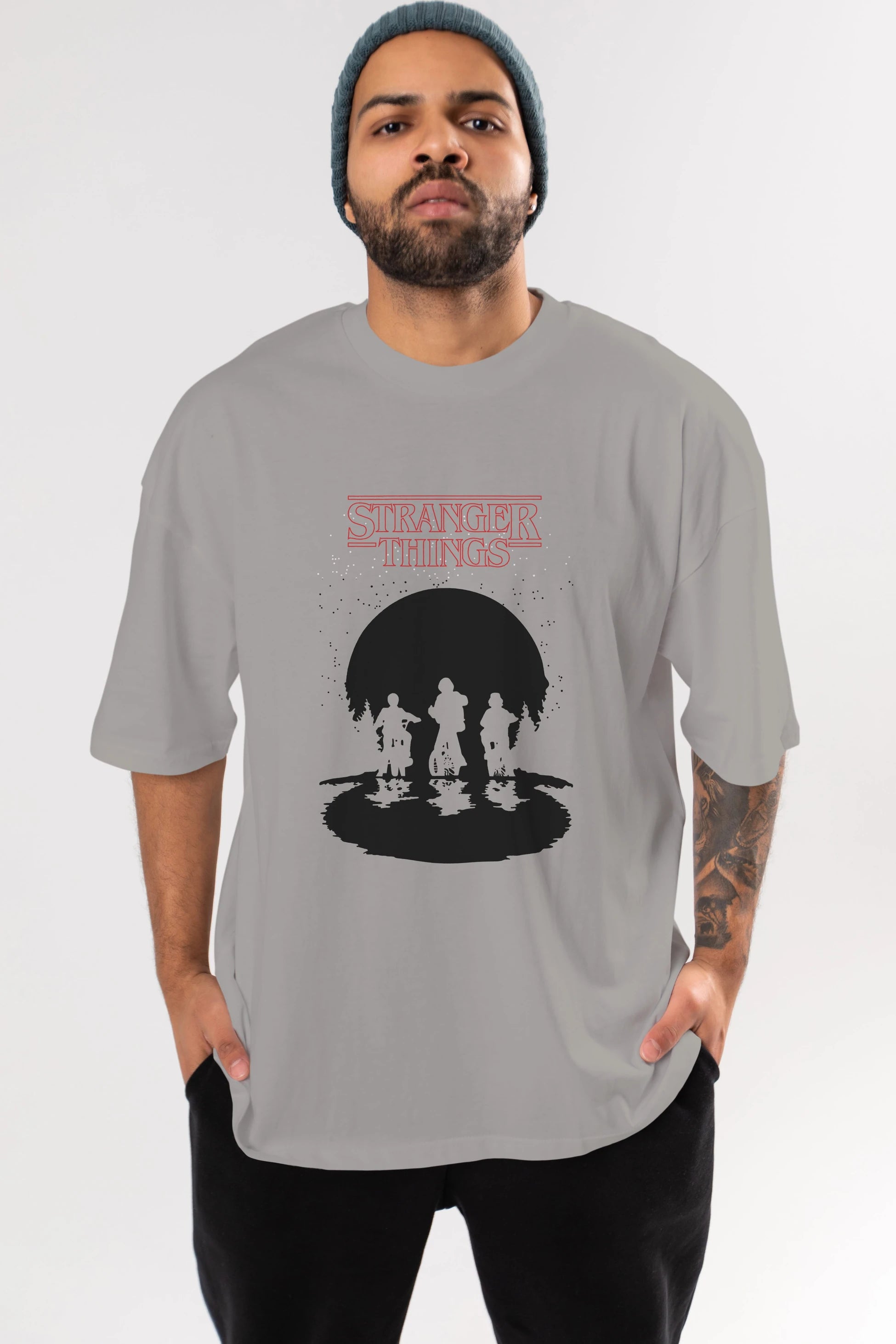 Stranger Things Ön Baskılı Oversize t-shirt Erkek Kadın Unisex %100 Pamuk Bisiklet Yaka tişort