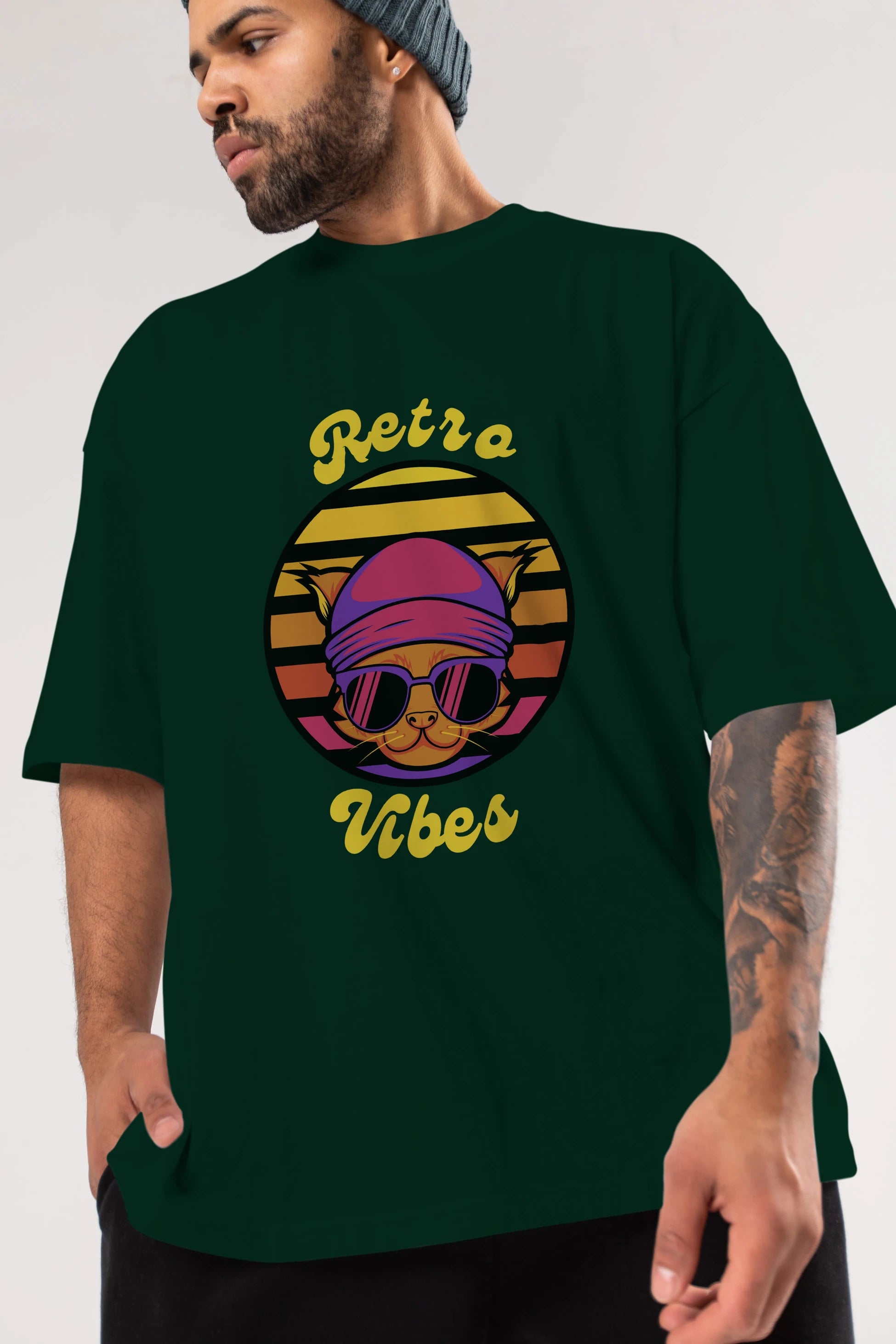Cat Retro Vibes Ön Baskılı Oversize t-shirt Erkek Kadın Unisex