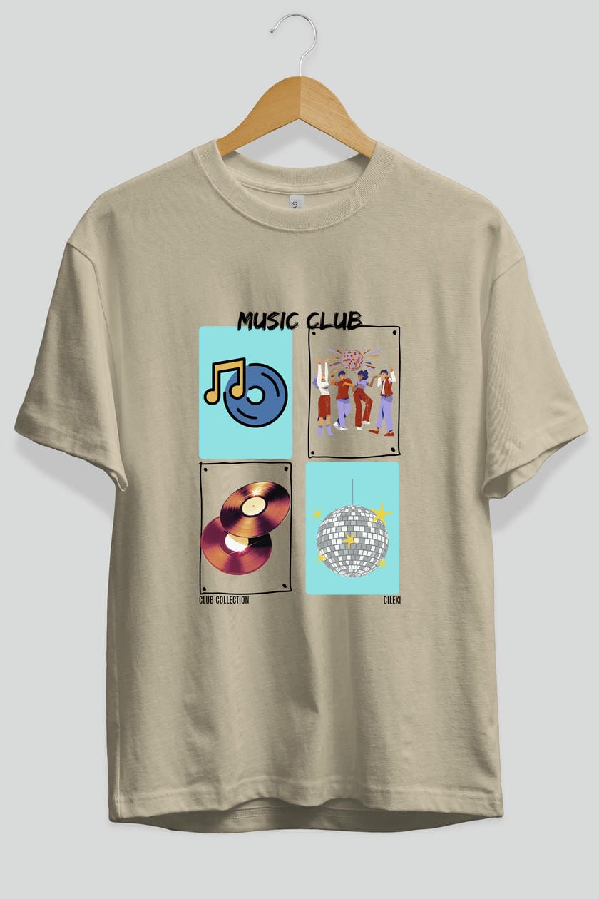 Music Club ön Baskılı Oversize t-shirt Erkek Kadın %100 Pamuk Bisiklet Yaka tişort