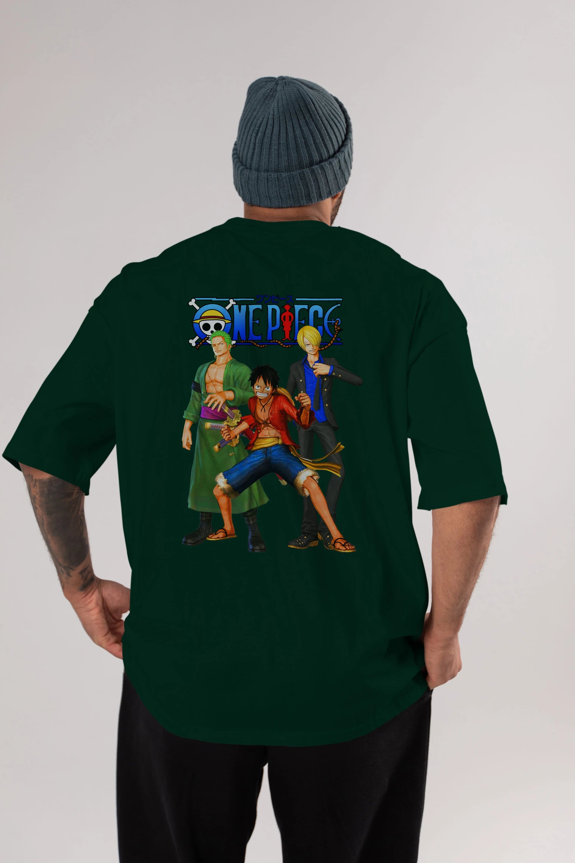 Luffy Sanji Zoro Anime Arka Baskılı Oversize t-shirt Erkek Kadın Unisex %100 pamuk tişort