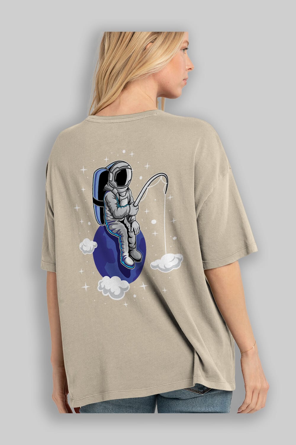 Astronaut Fishing (2) Arka Baskılı Oversize t-shirt Erkek Kadın Unisex