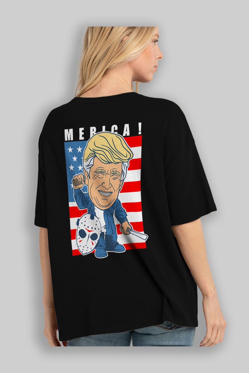 Jason Voorhess Trump Arka Baskılı Oversize t-shirt Erkek Kadın Unisex %100 Pamuk tişort
