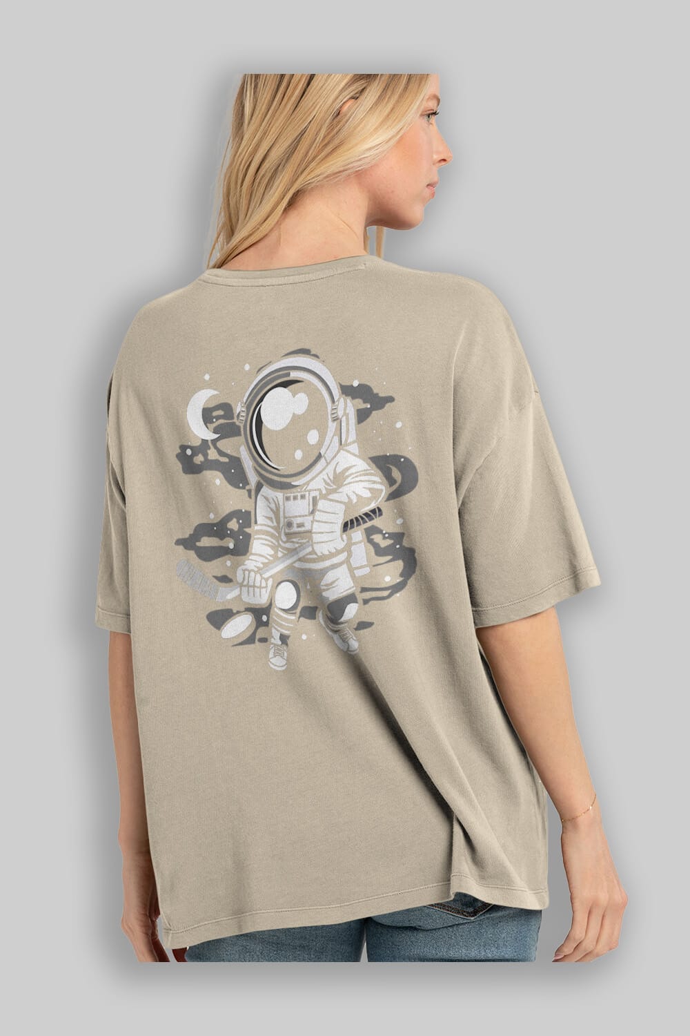 Hockey Player Astronaut Arka Baskılı Oversize t-shirt Erkek Kadın Unisex