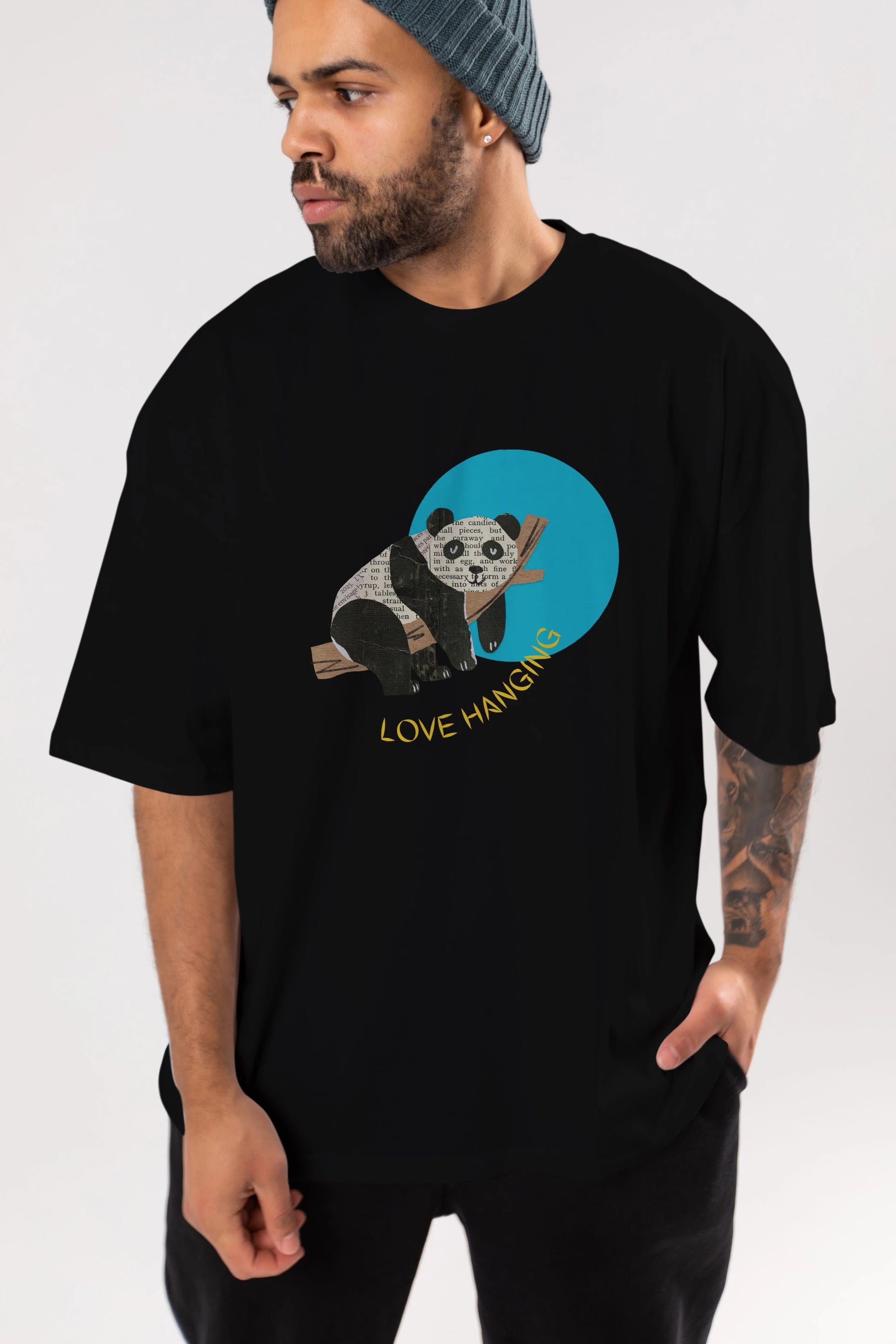 Panda Love Hanging Ön Baskılı Oversize t-shirt Erkek Kadın Unisex