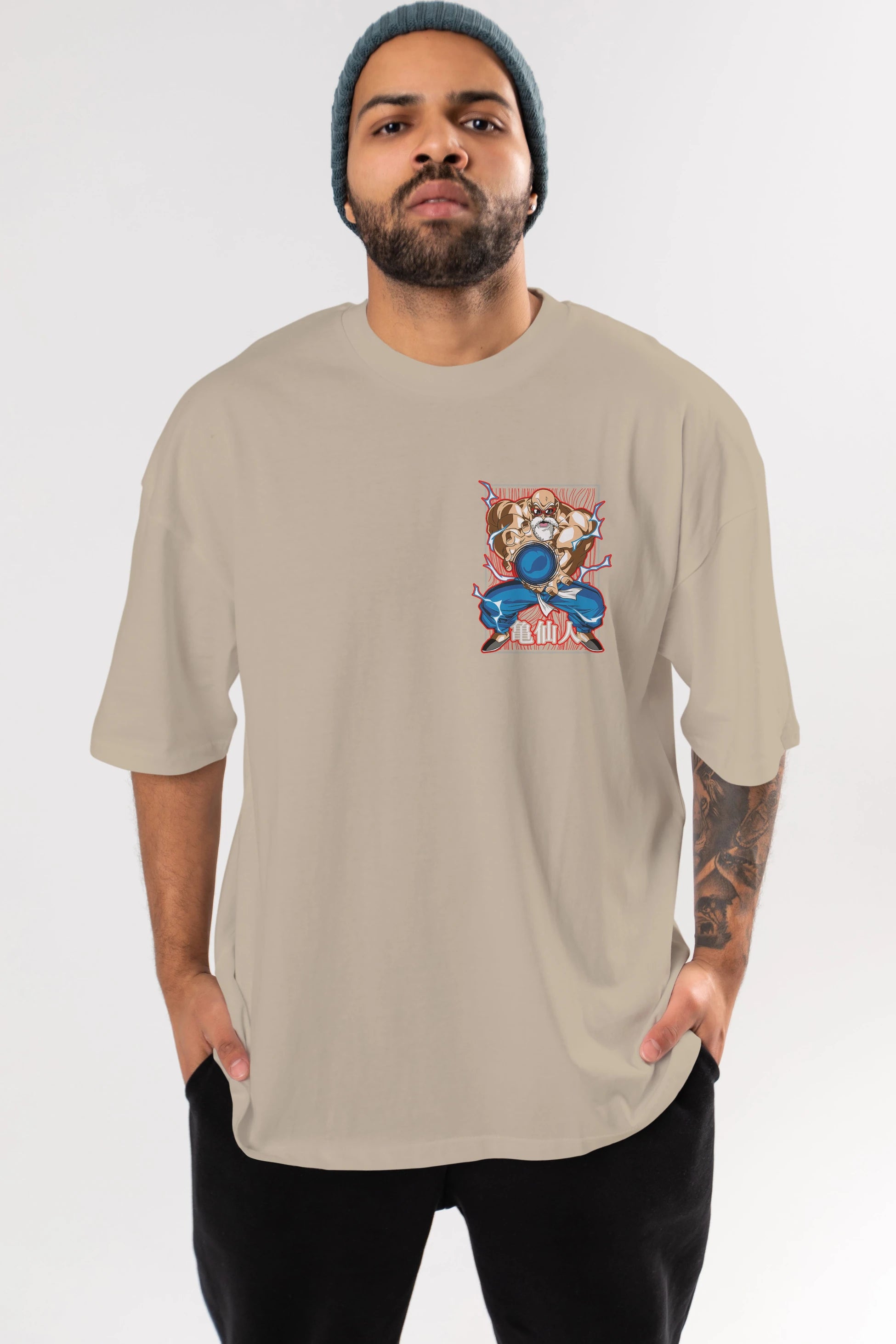 DragonBall MaestroRoshi Ön Sol Baskılı Oversize t-shirt Erkek Kadın Unisex %100 Pamuk Bisiklet Yaka tişort