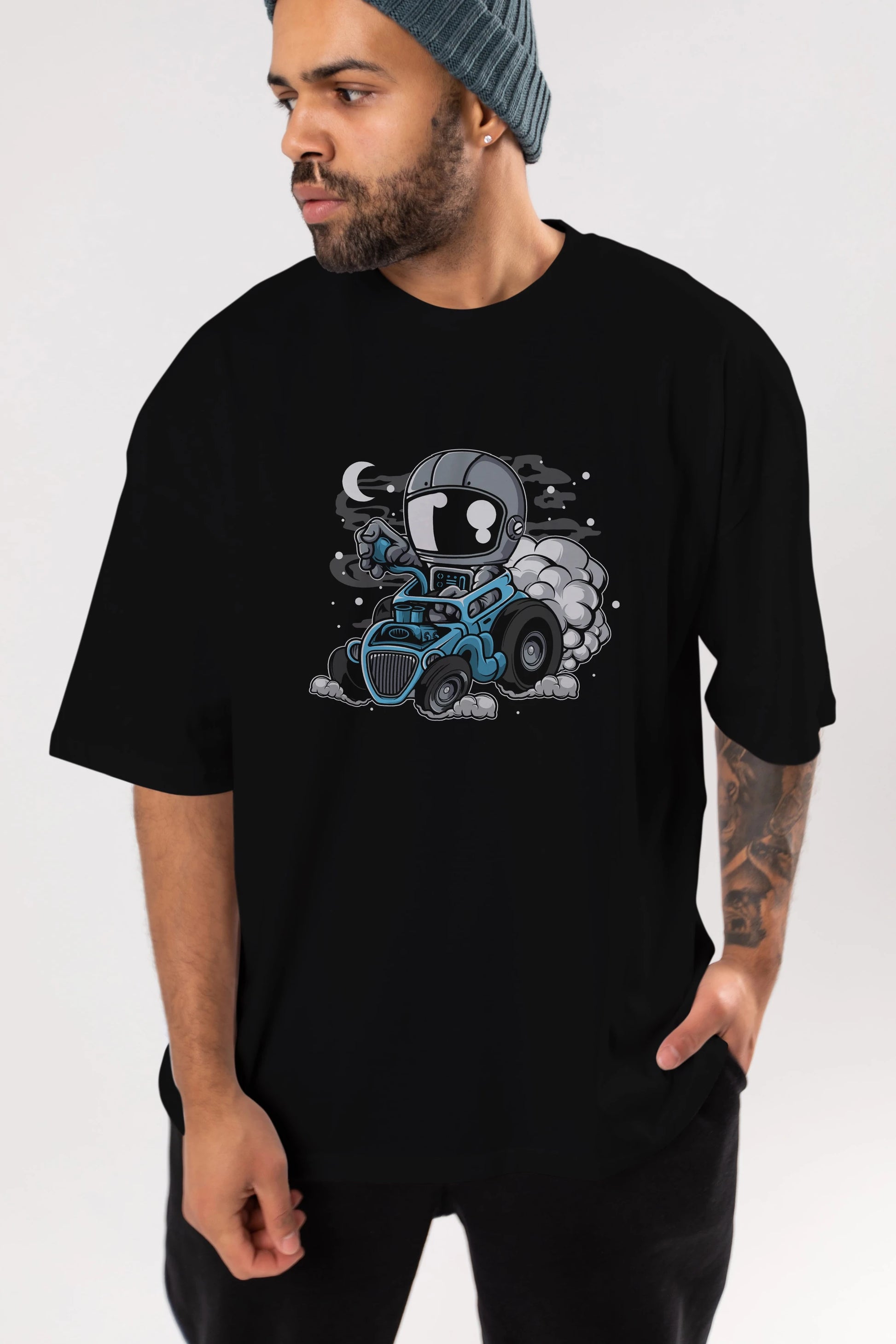 Astronaut Hotrod Ön Baskılı Oversize t-shirt Erkek Kadın Unisex