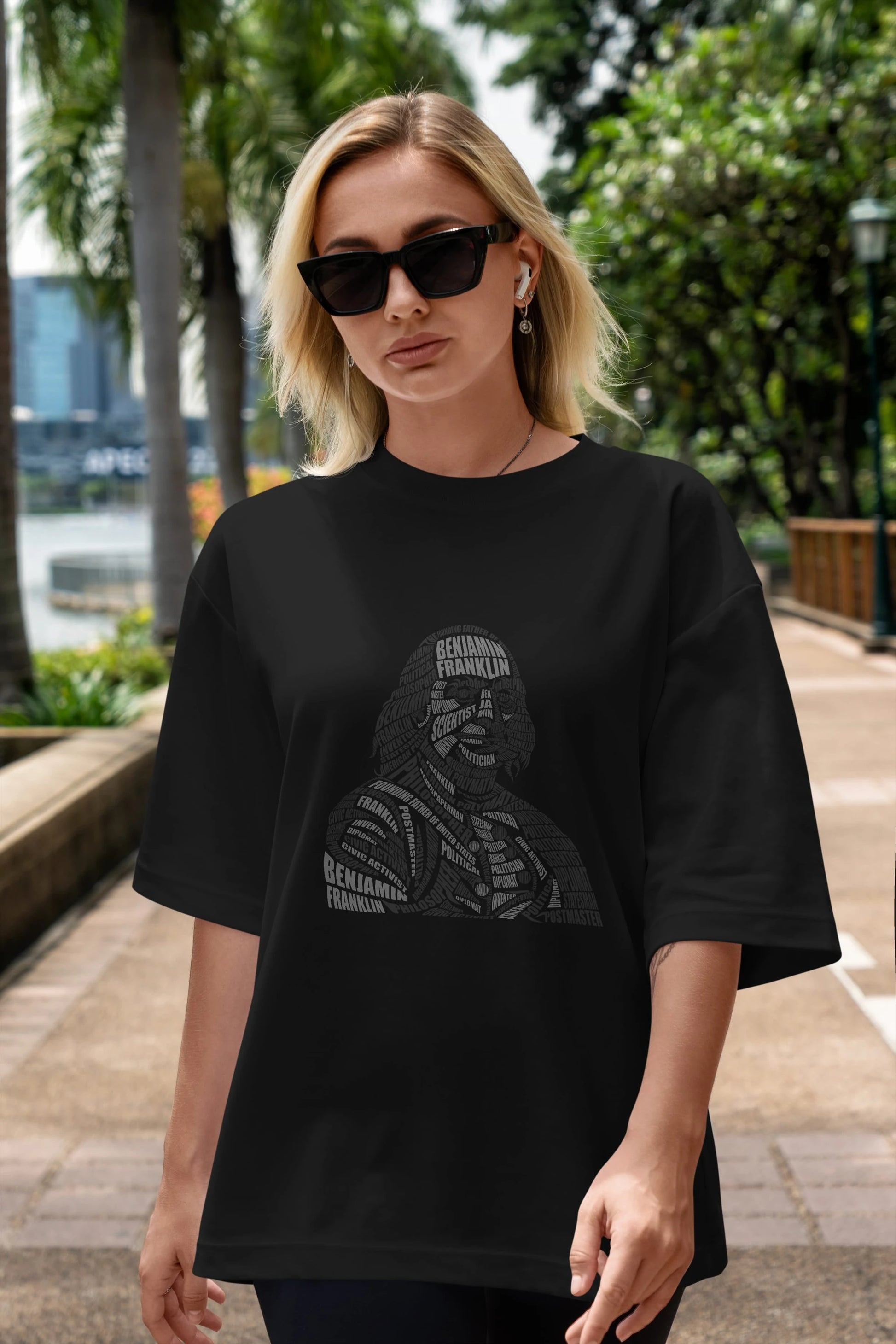 Benjamin Franklin Calligram Ön Baskılı Oversize t-shirt %100 pamuk Erkek Kadın Unisex
