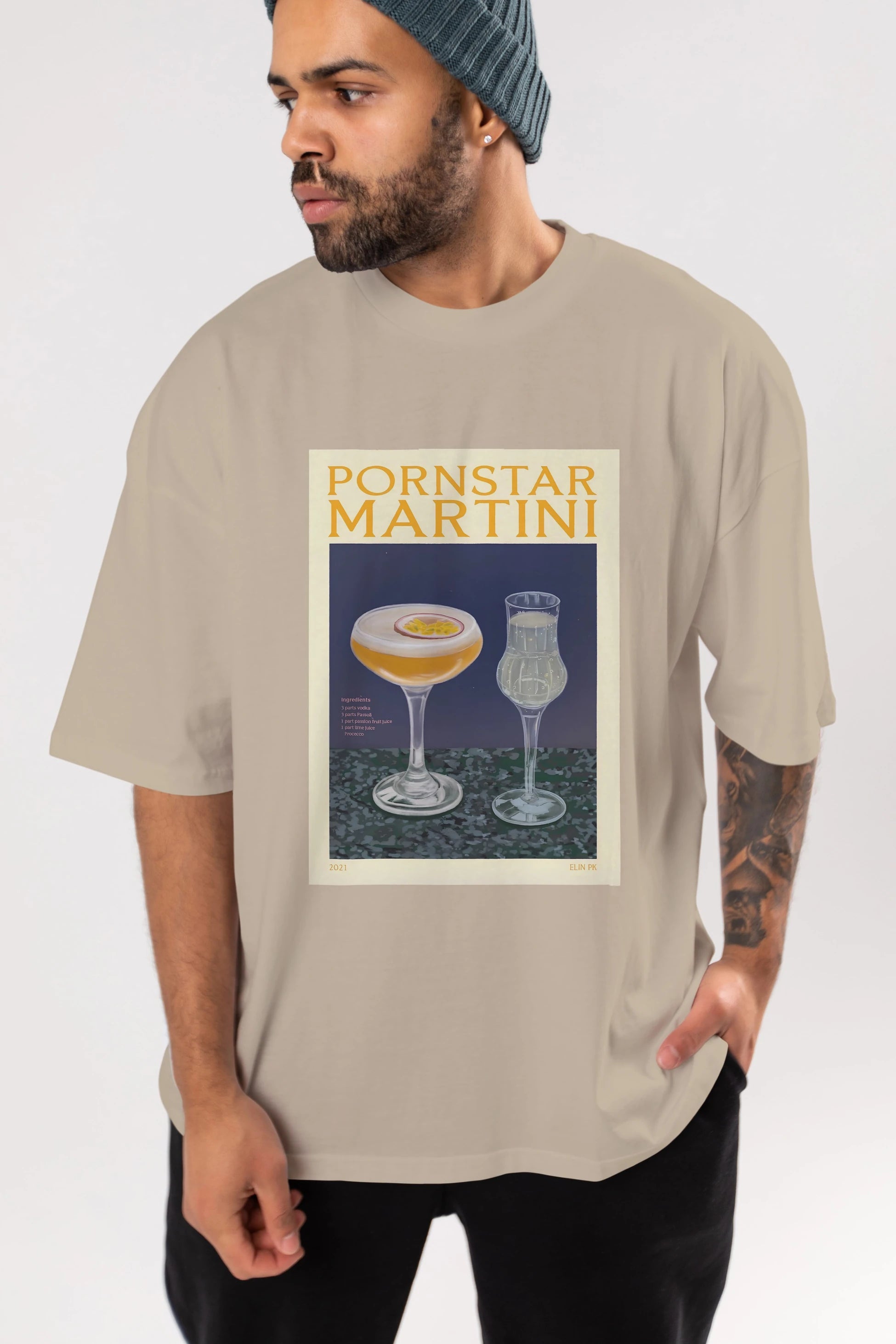 P.rnstar Martini Ön Baskılı Oversize t-shirt Erkek Kadın Unisex %100 Pamuk Bisiklet Yaka tişort