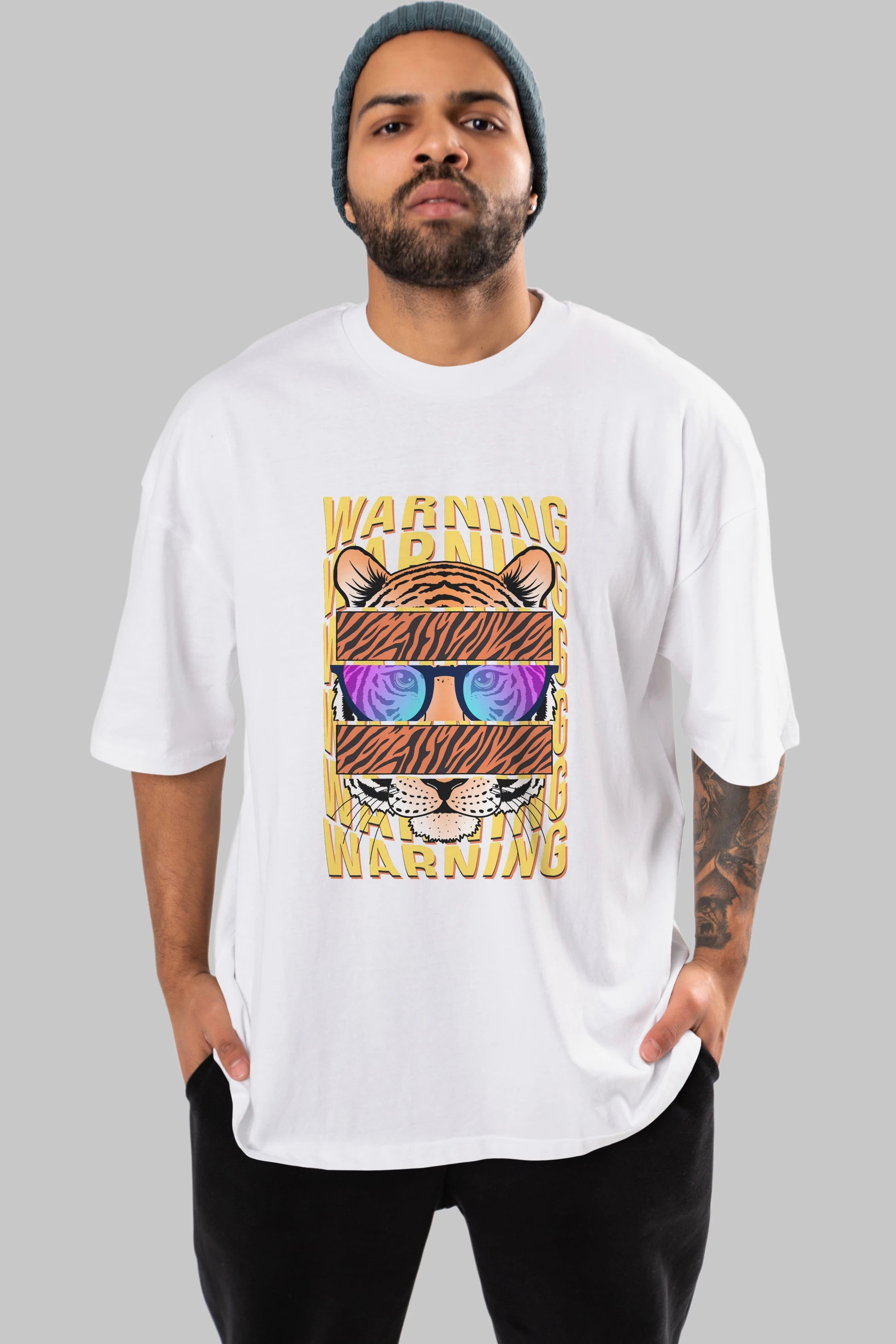 Warning Yazılı Ön Baskılı Oversize t-shirt Erkek Kadın Unisex