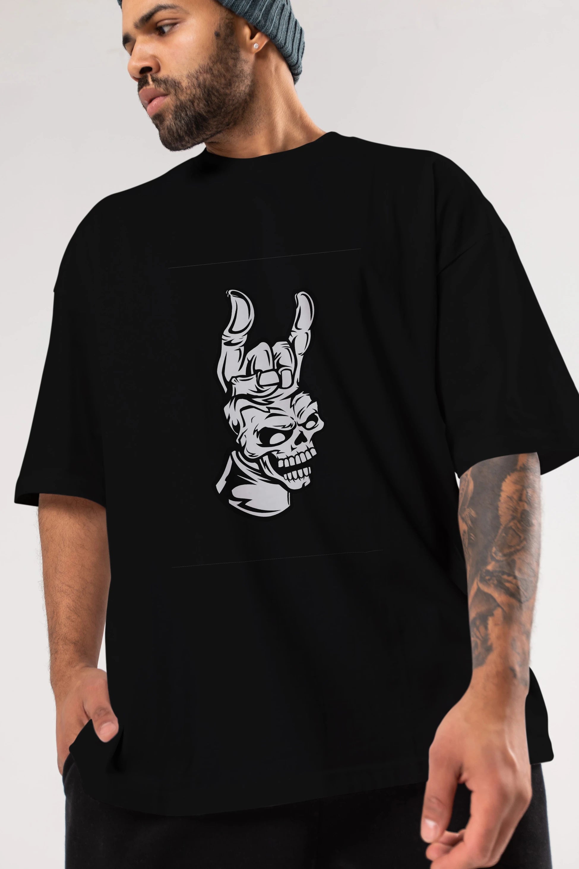Hand Metal Skull Ön Baskılı Oversize t-shirt Erkek Kadın Unisex %100 Pamuk tişort