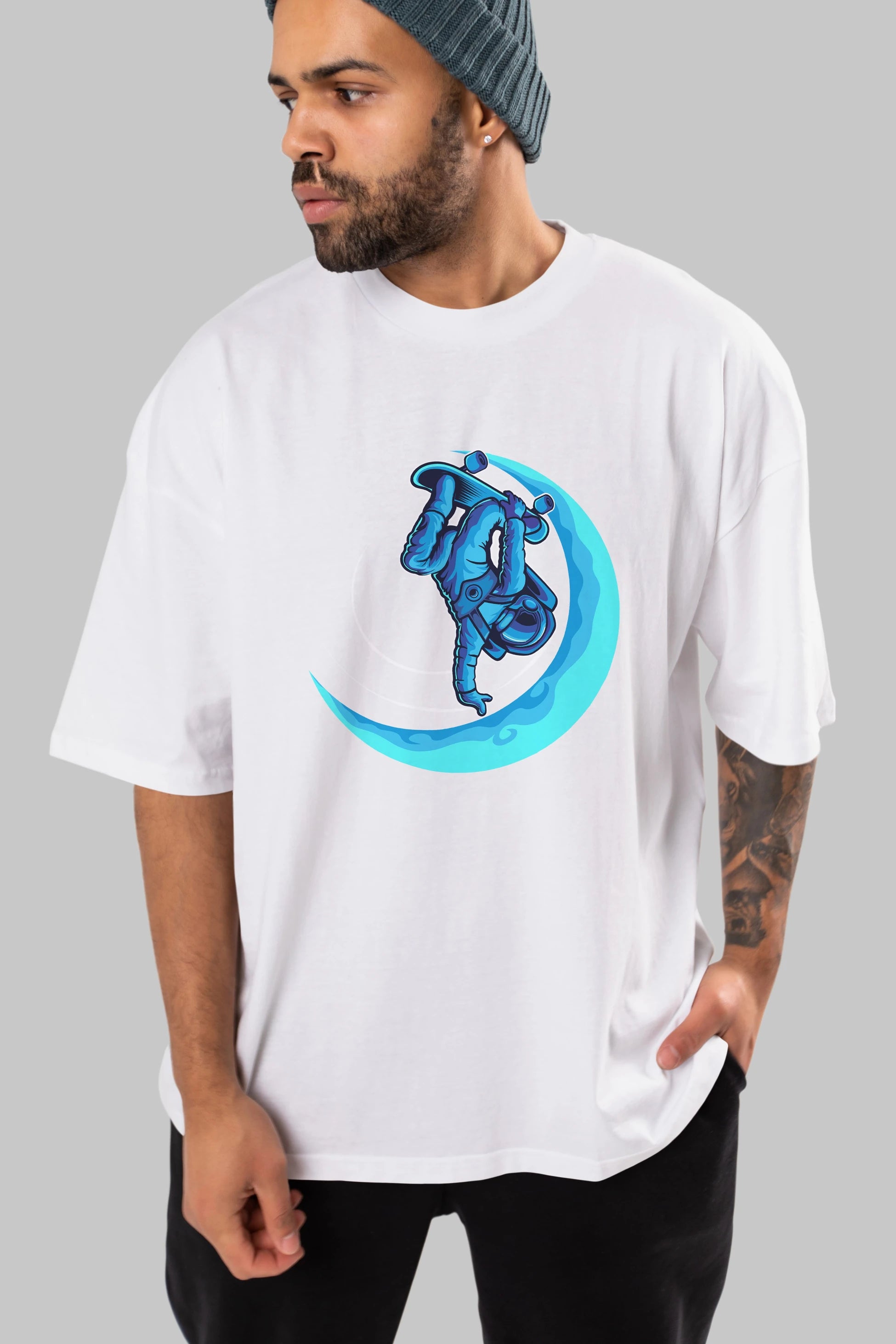 Skating on the moon Ön Baskılı Oversize t-shirt Erkek Kadın Unisex