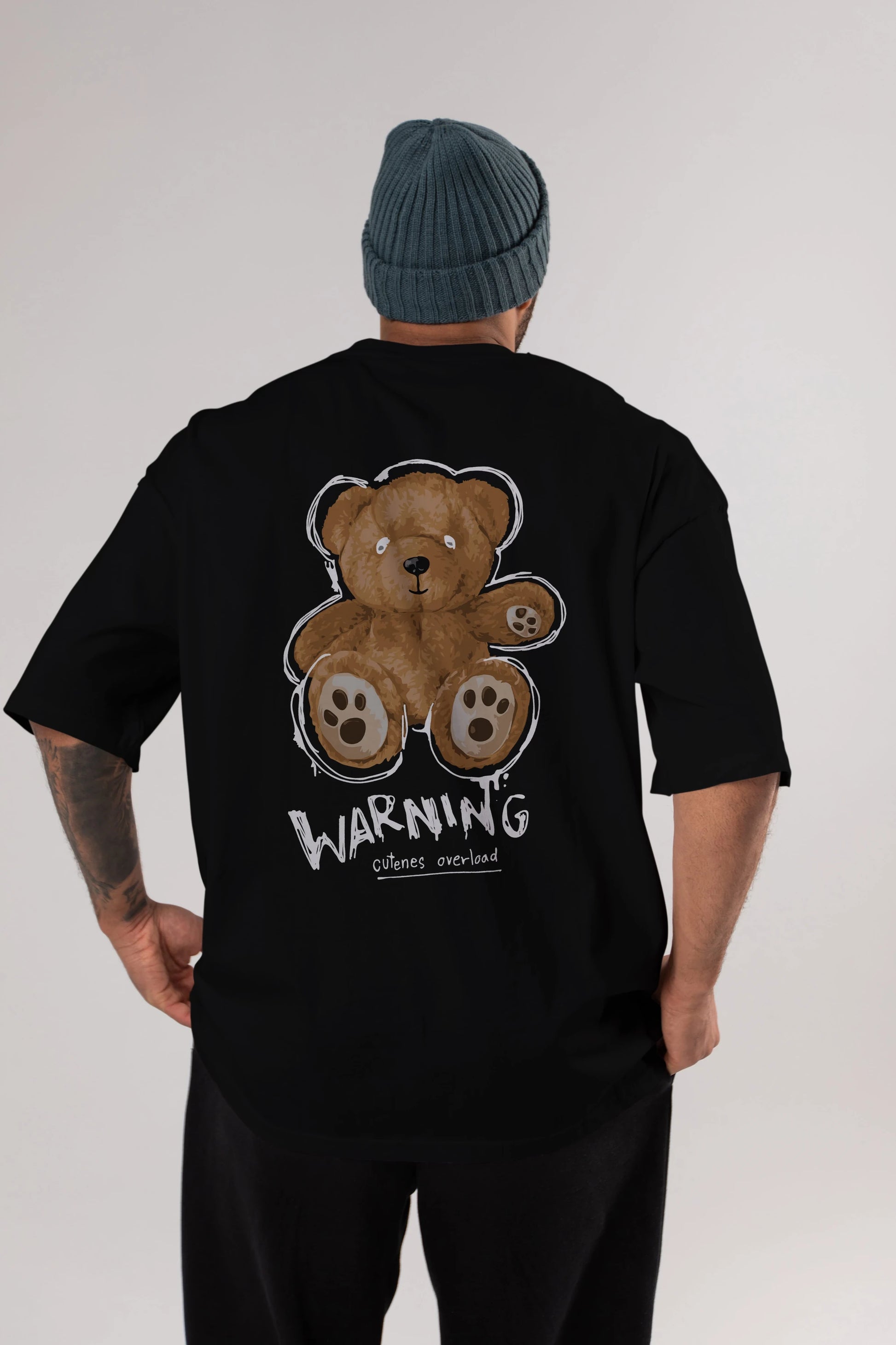 Warning Cuteness Bear Arka Baskılı Oversize t-shirt Erkek Kadın Unisex