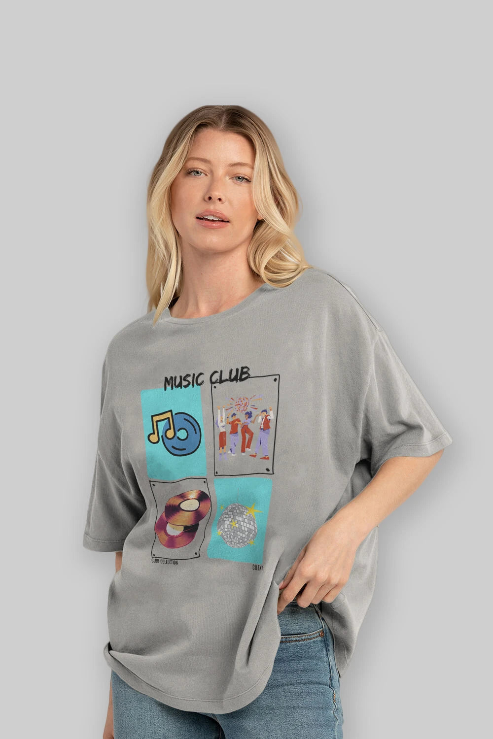 Music Club ön Baskılı Oversize t-shirt Erkek Kadın %100 Pamuk Bisiklet Yaka tişort