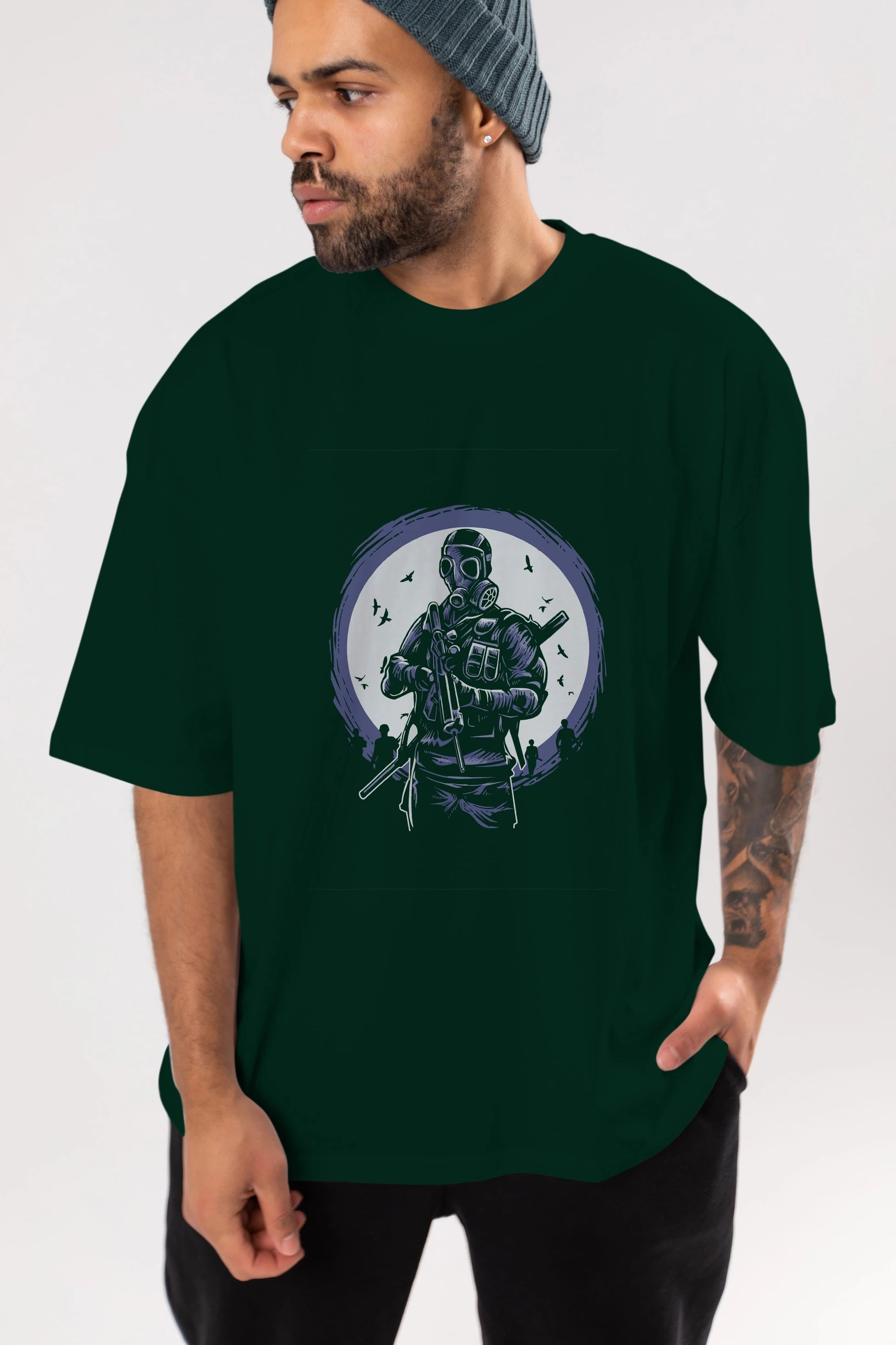 Gas Mask Soldier Ön Baskılı Oversize t-shirt Erkek Kadın Unisex %100 Pamuk tişort