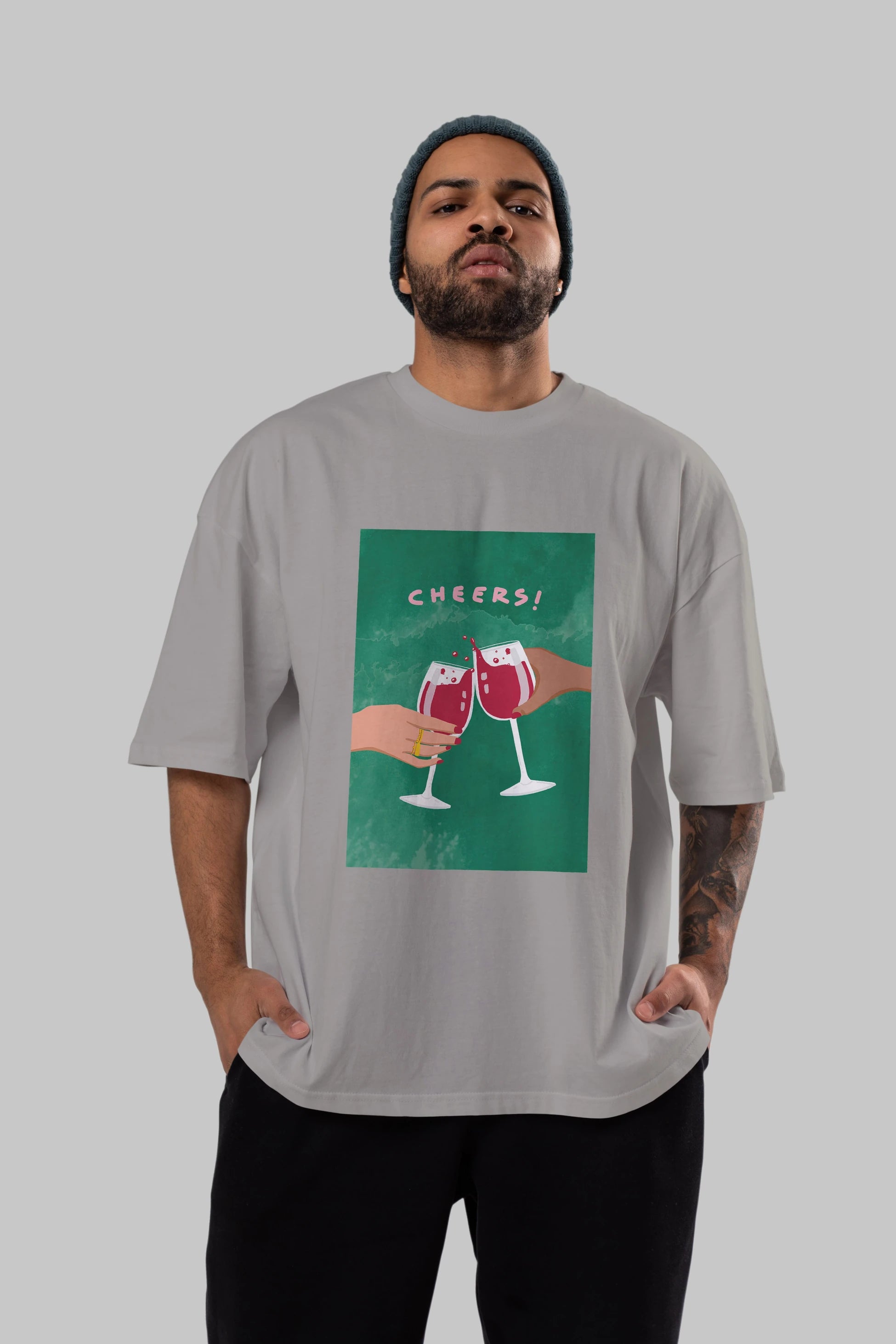 Cheers Ön Baskılı Oversize t-shirt Erkek Kadın Unisex %100 Pamuk Bisiklet Yaka tişort