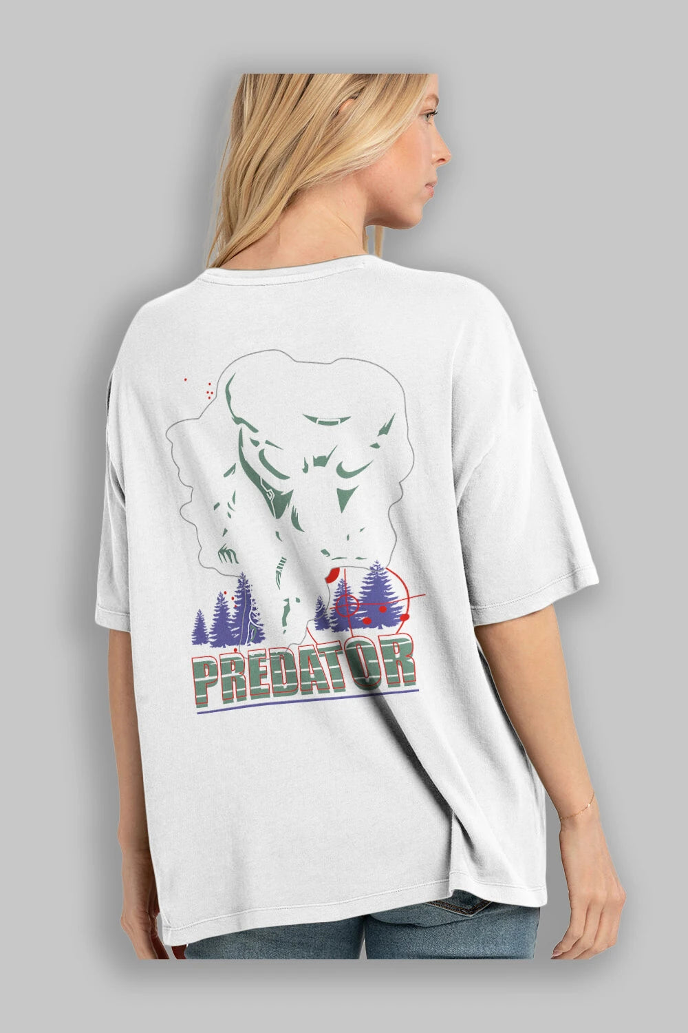 Predator Arka Baskılı Oversize t-shirt Erkek Kadın Unisex %100 Pamuk Bisiklet Yaka tişort