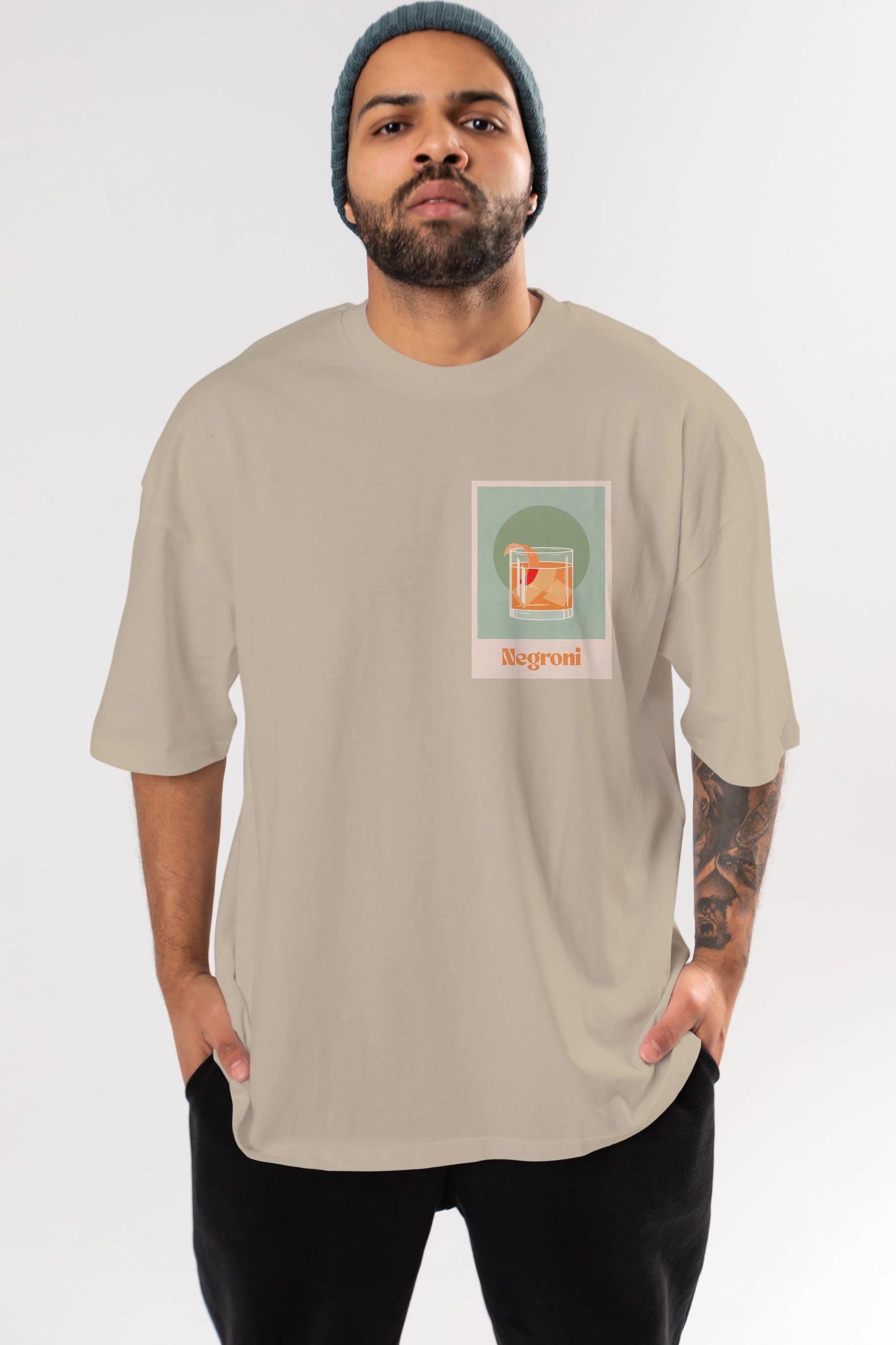 Negroni 5 Ön Sol Baskılı Oversize t-shirt Erkek Kadın Unisex %100 Pamuk Bisiklet Yaka tişort