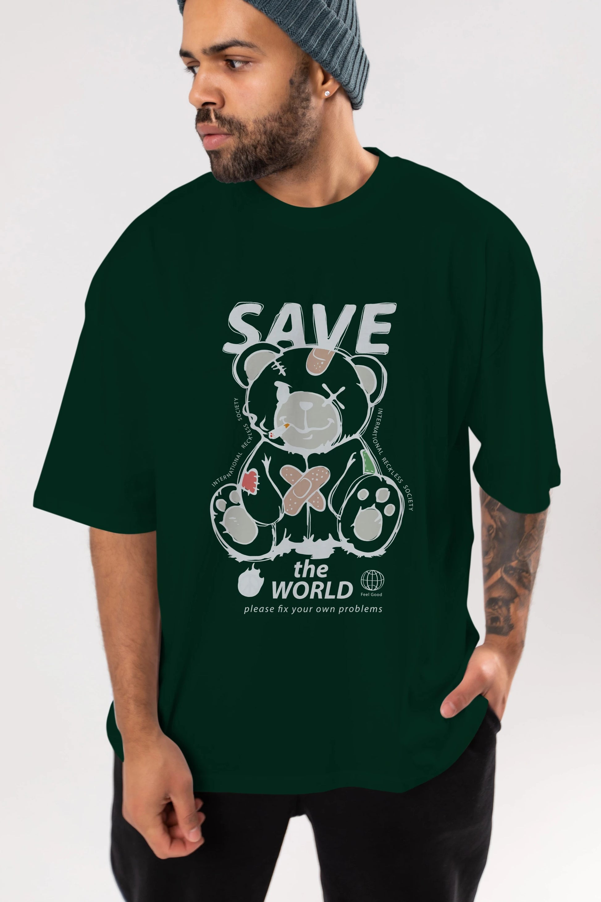 Save the World Bear Ön Baskılı Oversize t-shirt Erkek Kadın Unisex