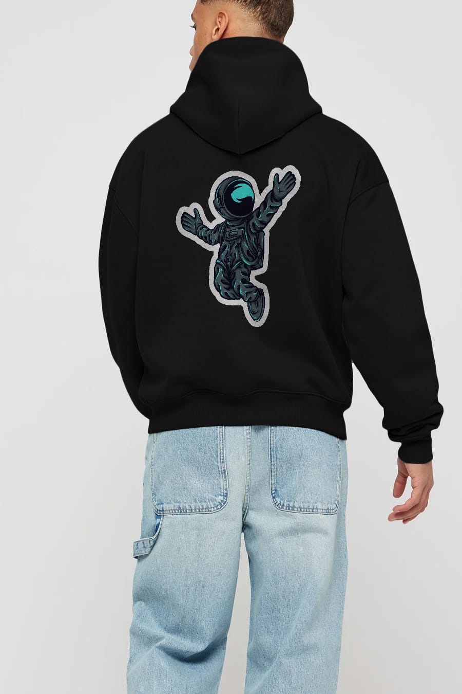Happy Astronaut Sticker Arka Baskılı Hoodie Oversize Kapüşonlu Sweatshirt Erkek Kadın Unisex