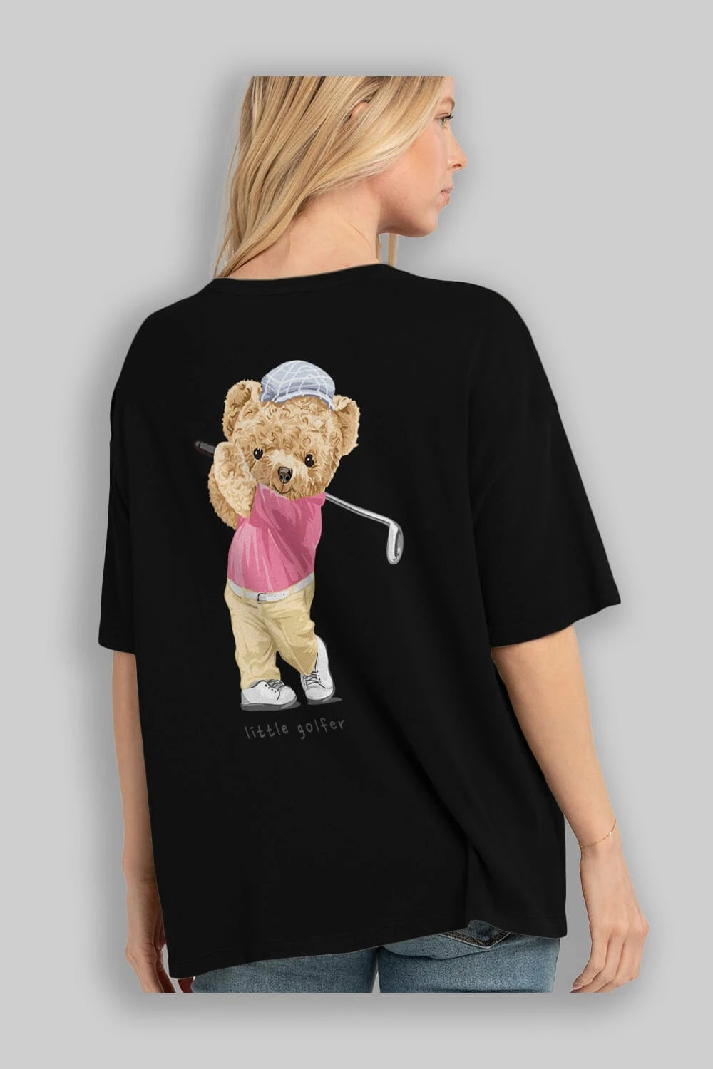 Teddy Bear Little Golfer Arka Baskılı Oversize t-shirt Erkek Kadın Unisex %100 Pamuk