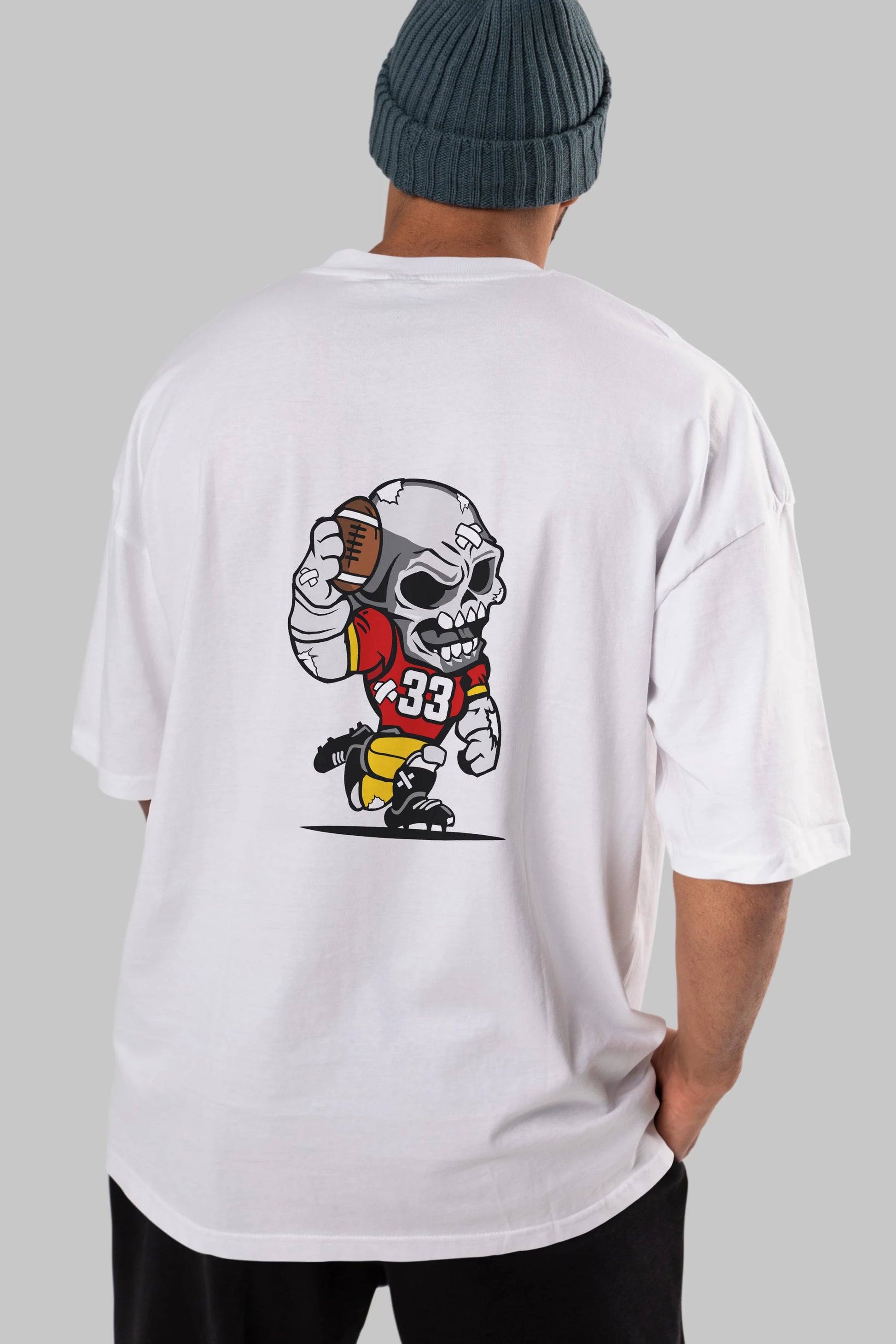 Skull Football Player Arka Baskılı Oversize t-shirt Erkek Kadın Unisex %100 Pamuk tişort