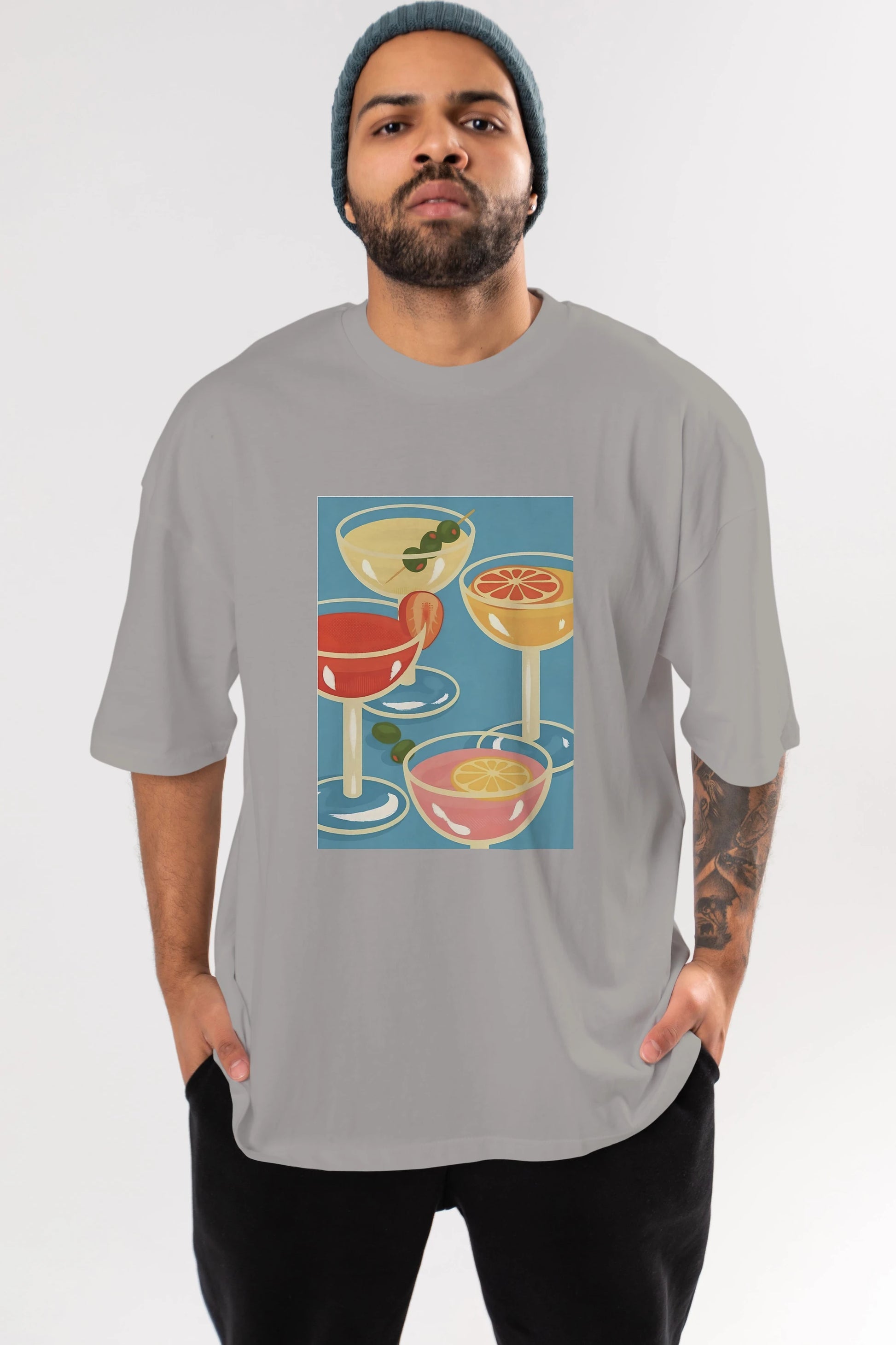 Cocktails Ön Baskılı Oversize t-shirt Erkek Kadın Unisex %100 Pamuk Bisiklet Yaka tişort