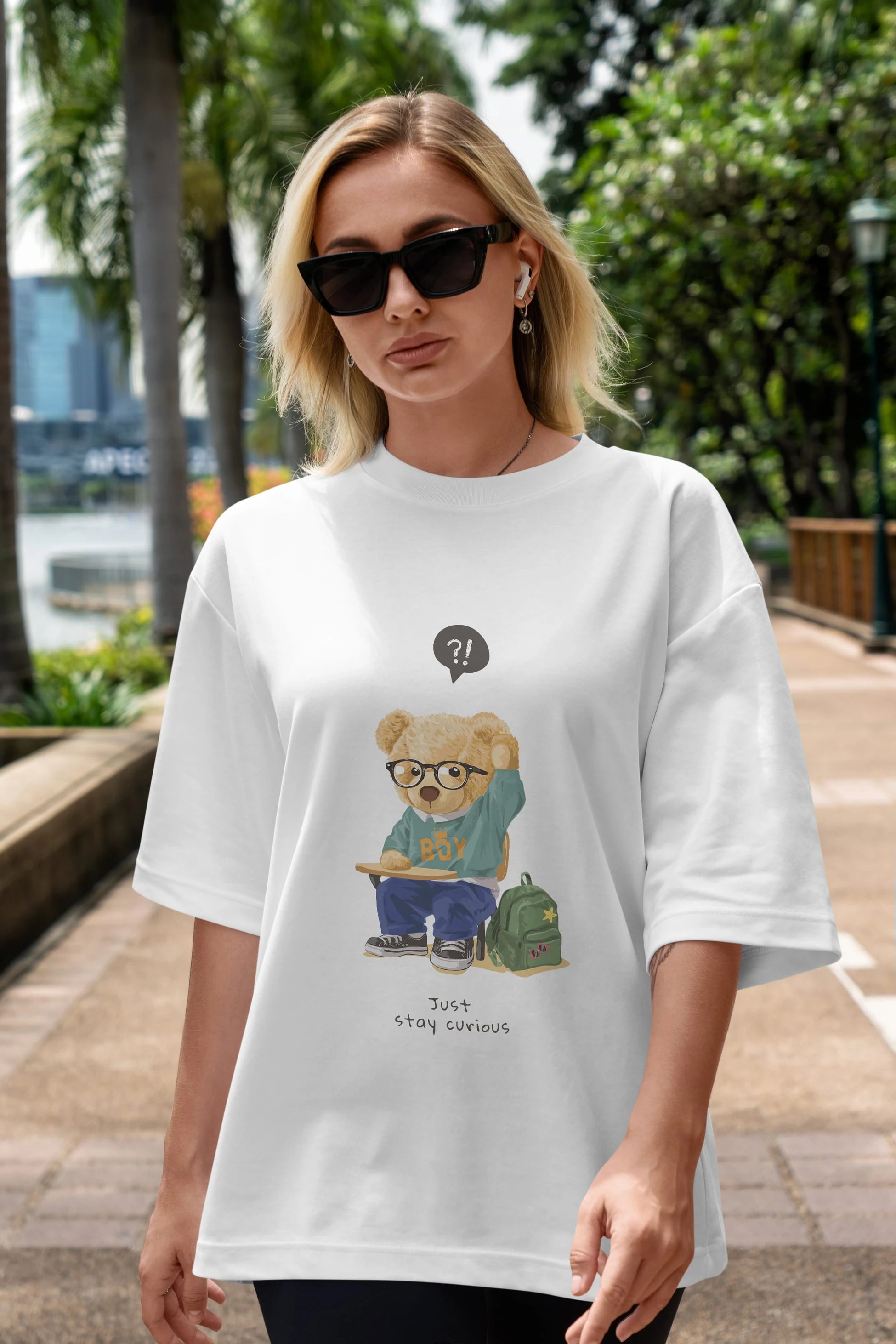 Teddy Bear Just Stay Curious Ön Baskılı Oversize t-shirt Erkek Kadın Unisex %100 Pamuk