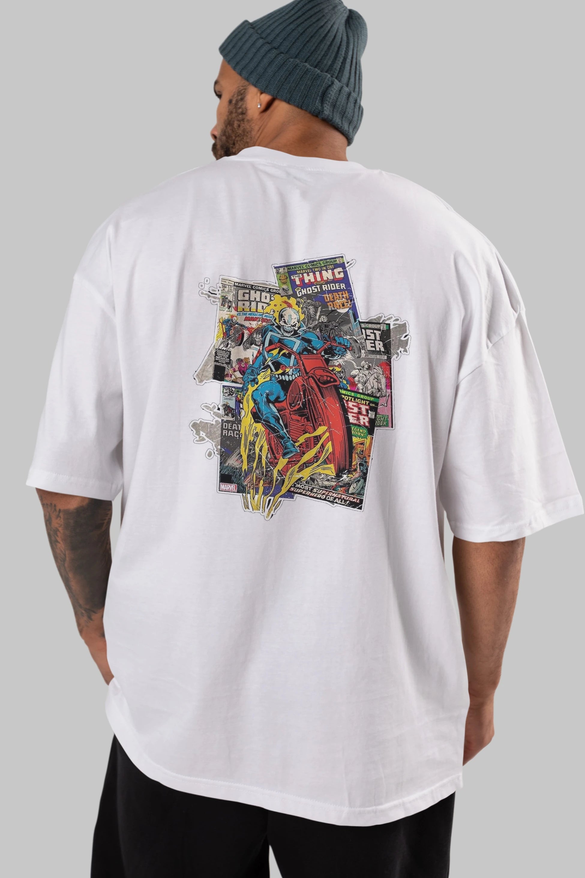Ghost Rider Arka Baskılı Oversize t-shirt Erkek Kadın Unisex %100 Pamuk Bisiklet Yaka tişort