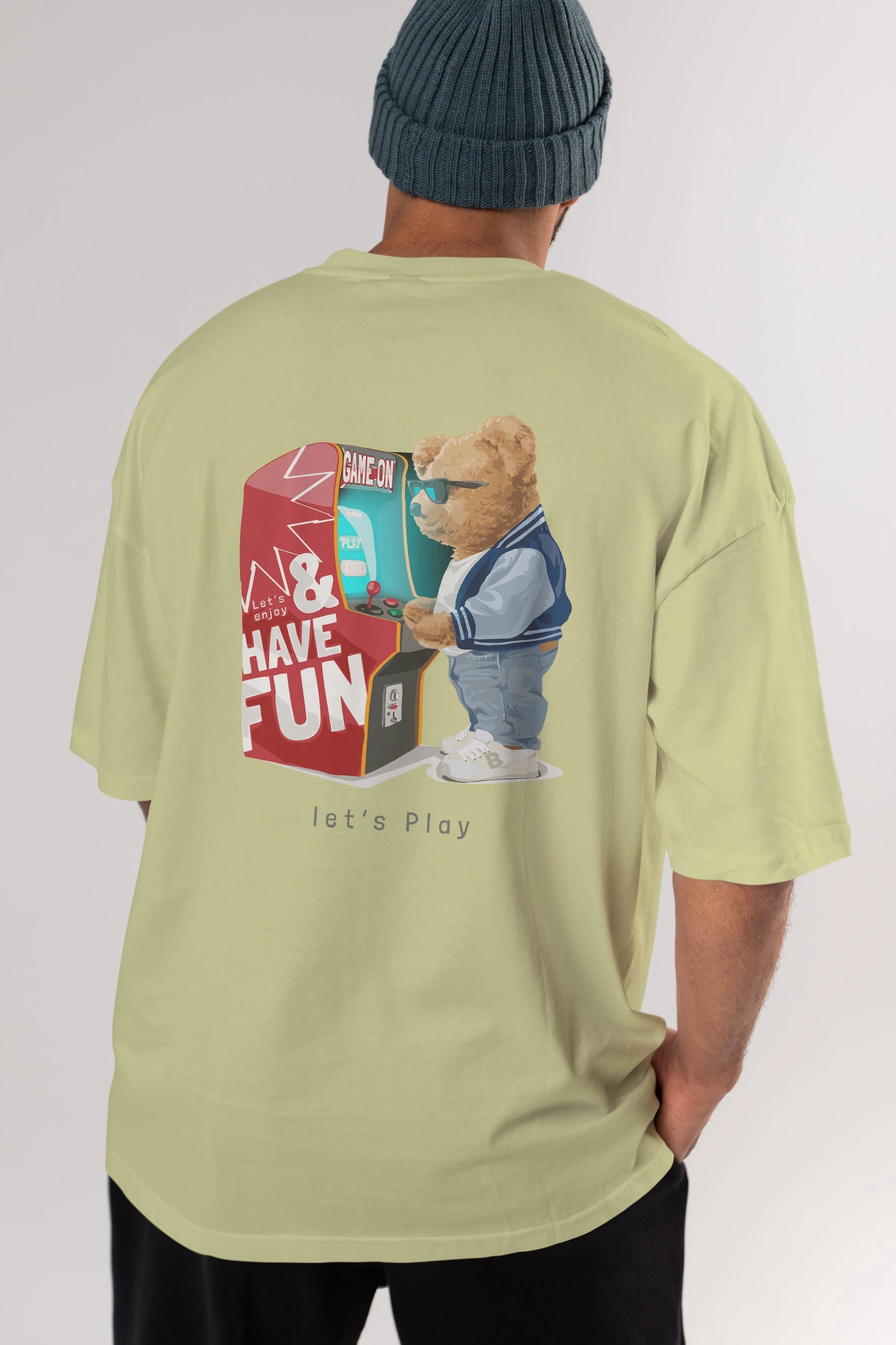 Teddy Bear Lets Play Arka Baskılı Oversize t-shirt Erkek Kadın Unisex %100 Pamuk