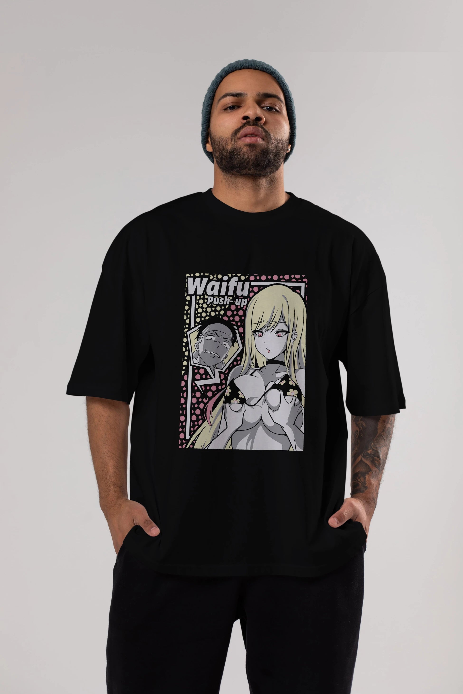 Waifu PushUp Anime Ön Baskılı Oversize t-shirt %100 pamuk Erkek Kadın Unisex