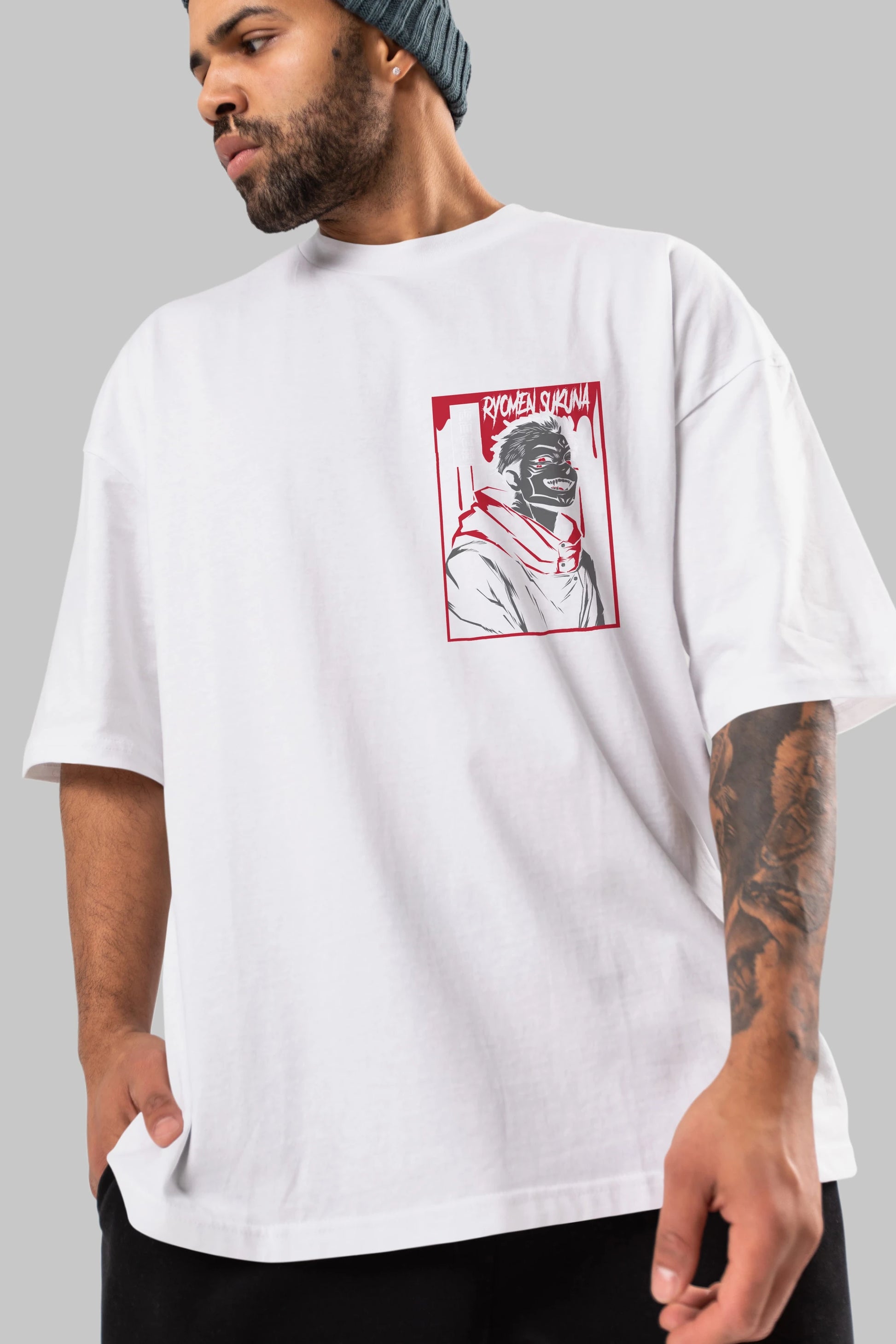 SUKUNA Ön Sol Baskılı Oversize t-shirt Erkek Kadın Unisex %100 Pamuk Bisiklet Yaka tişort