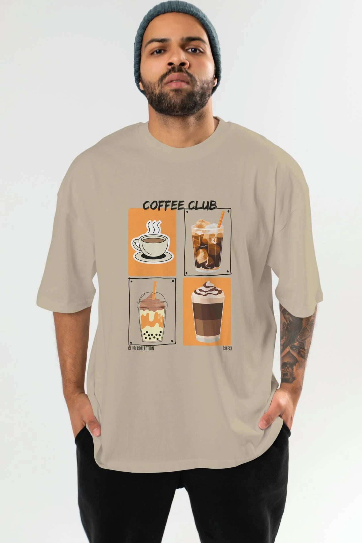 Coffee Club ön Baskılı Oversize t-shirt Erkek Kadın %100 Pamuk Bisiklet Yaka tişort