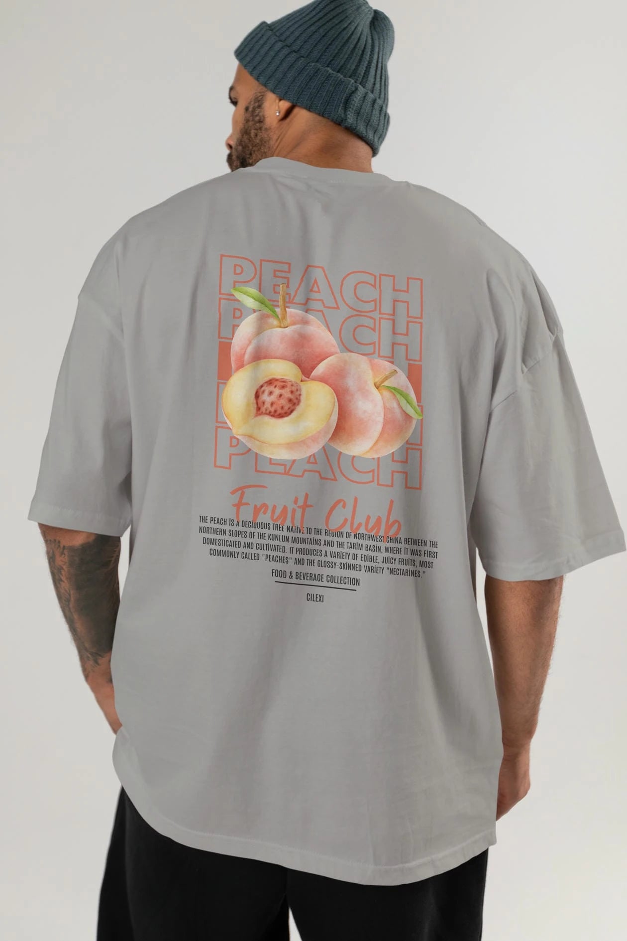 Peach Arka Baskılı Oversize t-shirt Erkek Kadın Pamuk Bisiklet Yaka tişort