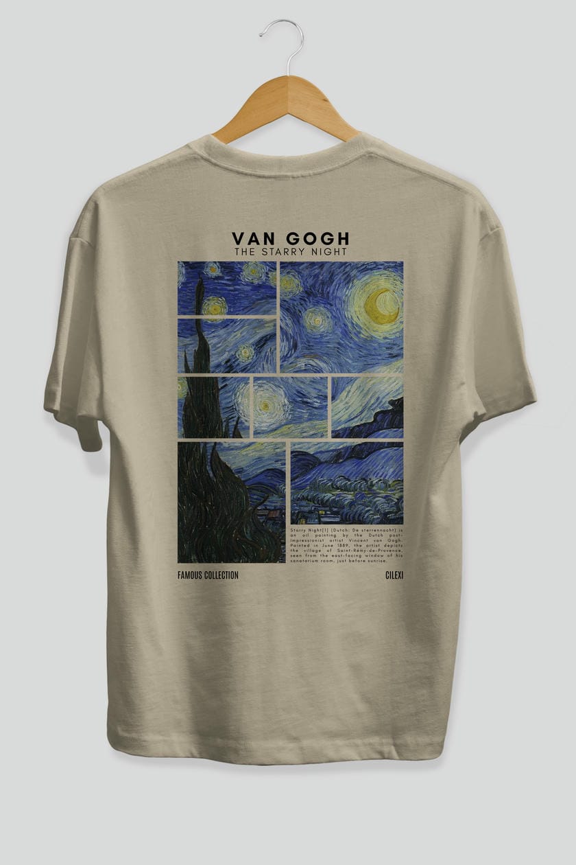 Van Gogh The Starry Night Arka Baskılı Oversize t-shirt Erkek Kadın Bisiklet Yaka Pamuk tişort