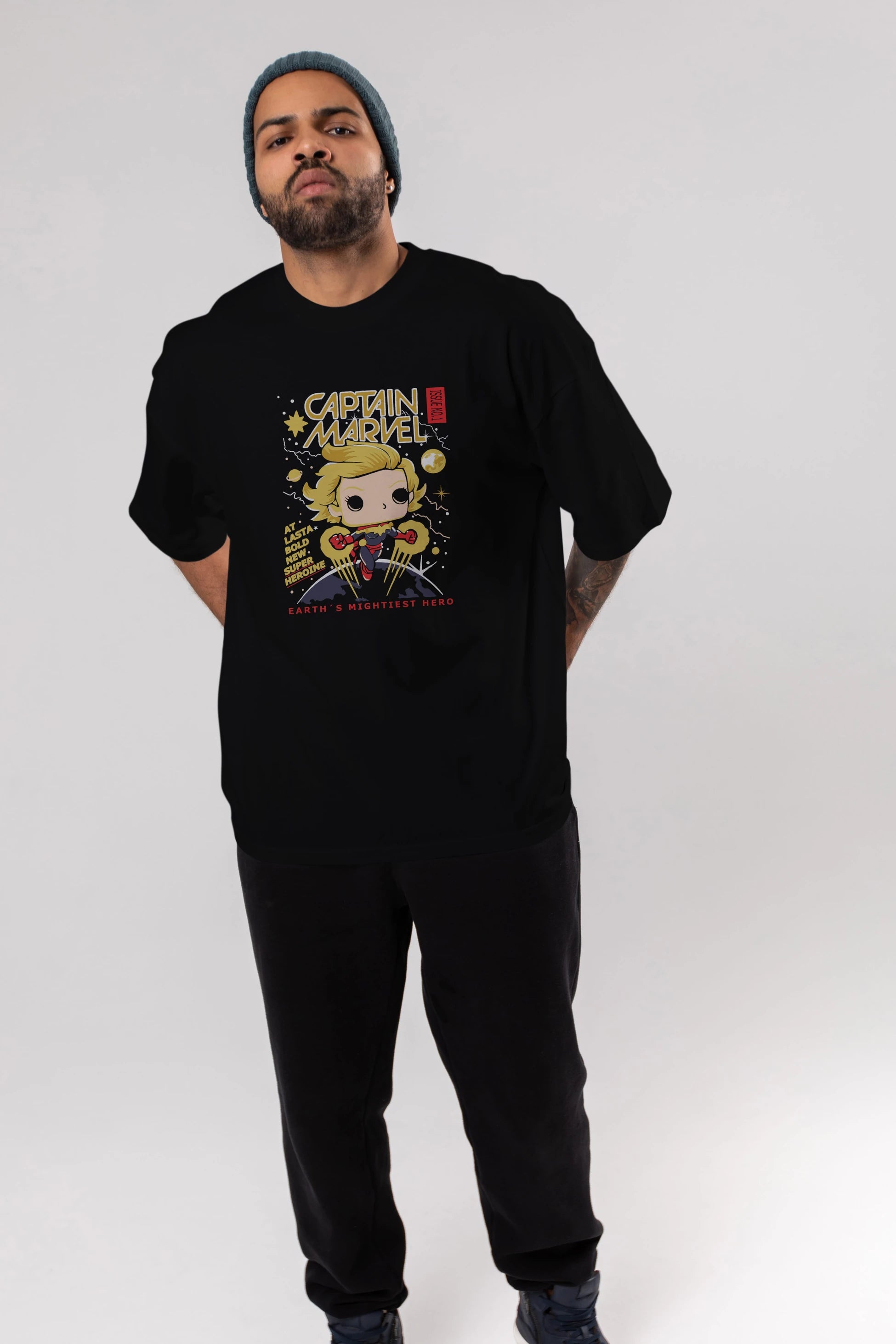 Captain Marvel Ön Baskılı Oversize t-shirt Erkek Kadın Unisex %100 Pamuk Bisiklet Yaka tişort