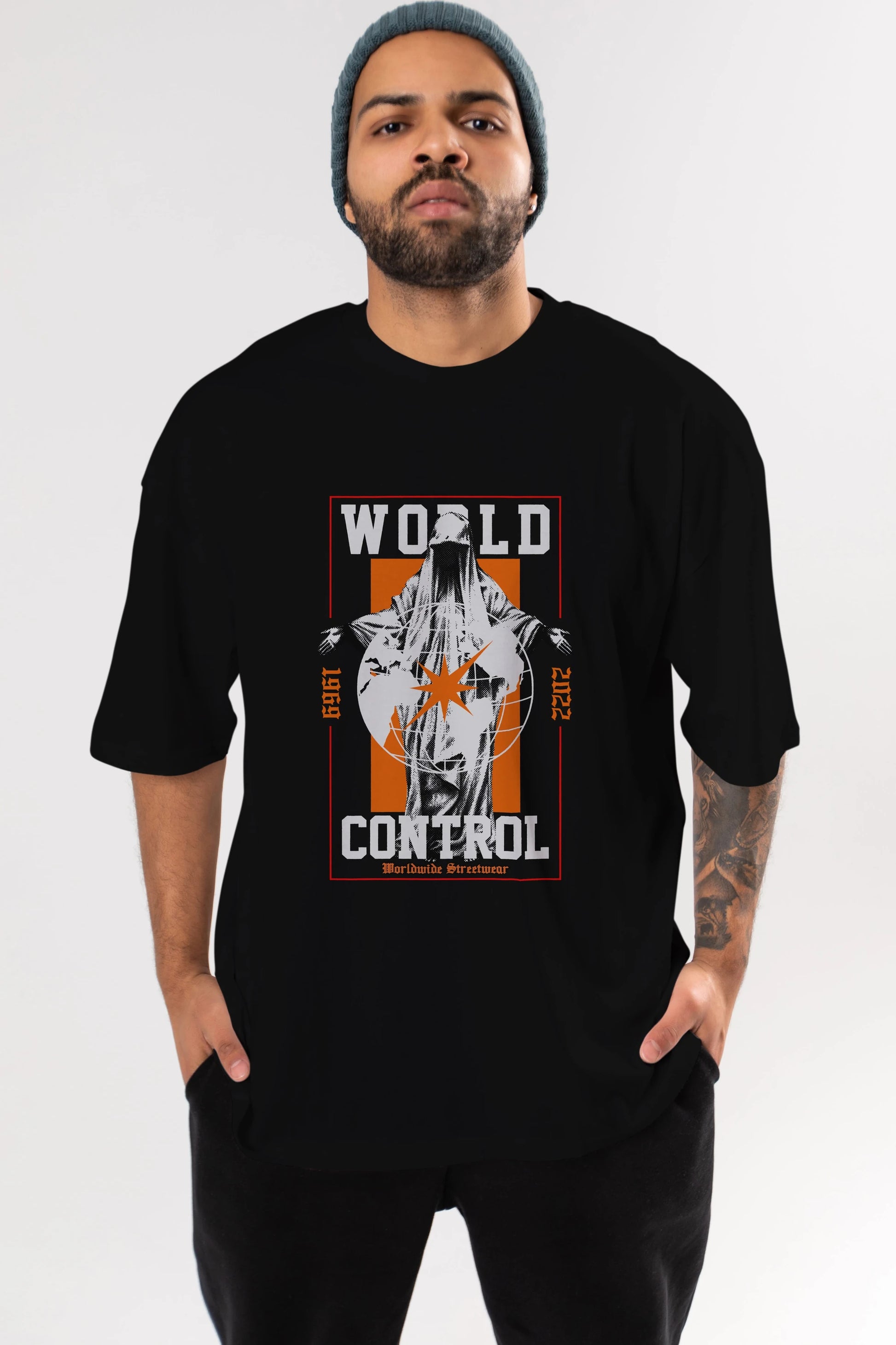 World Control Ön Baskılı Oversize t-shirt Erkek Kadın Unisex