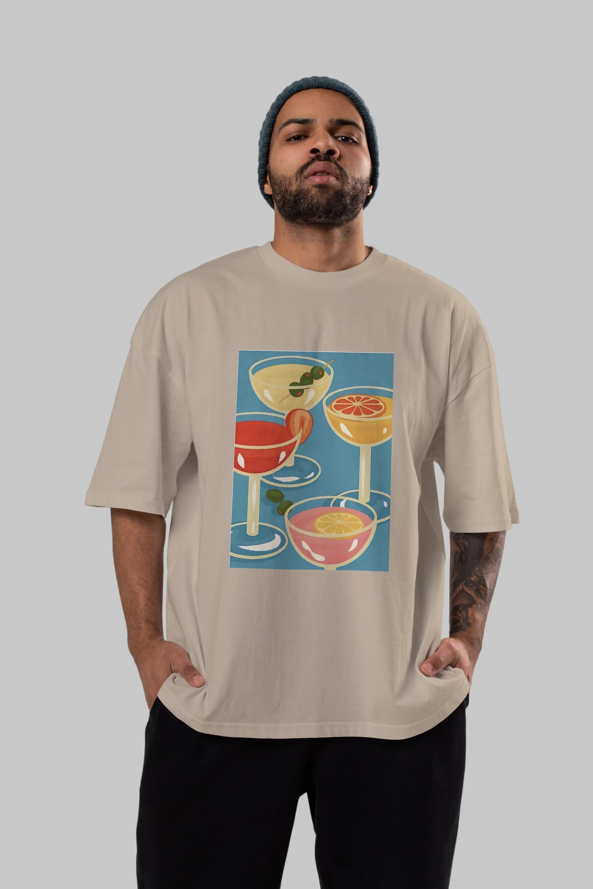 Cocktails Ön Baskılı Oversize t-shirt Erkek Kadın Unisex %100 Pamuk Bisiklet Yaka tişort